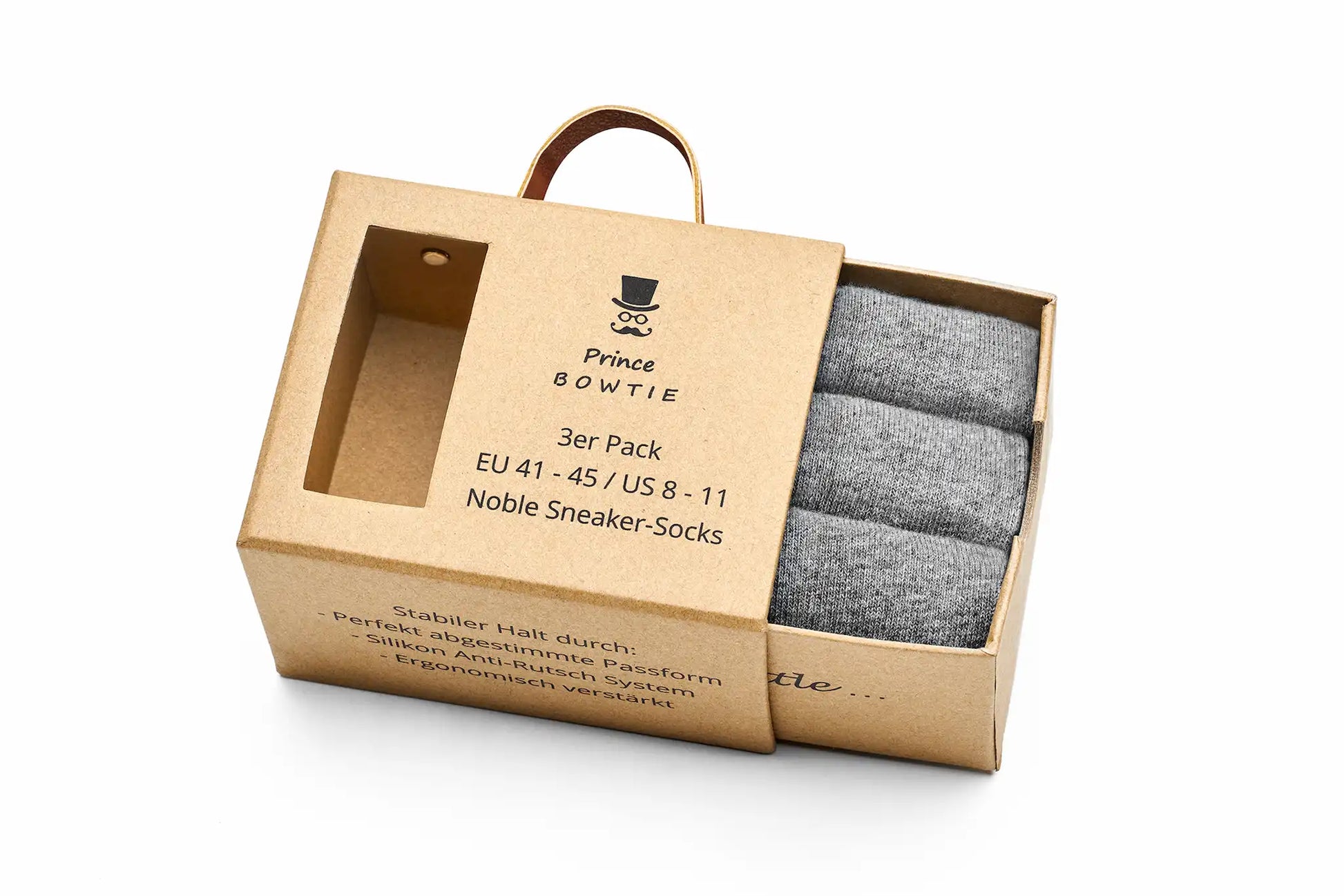 (Grau) Sneaker Socken 3er Pack – geöffnete Verpackung mit Anti-Rutsch Hinweis
