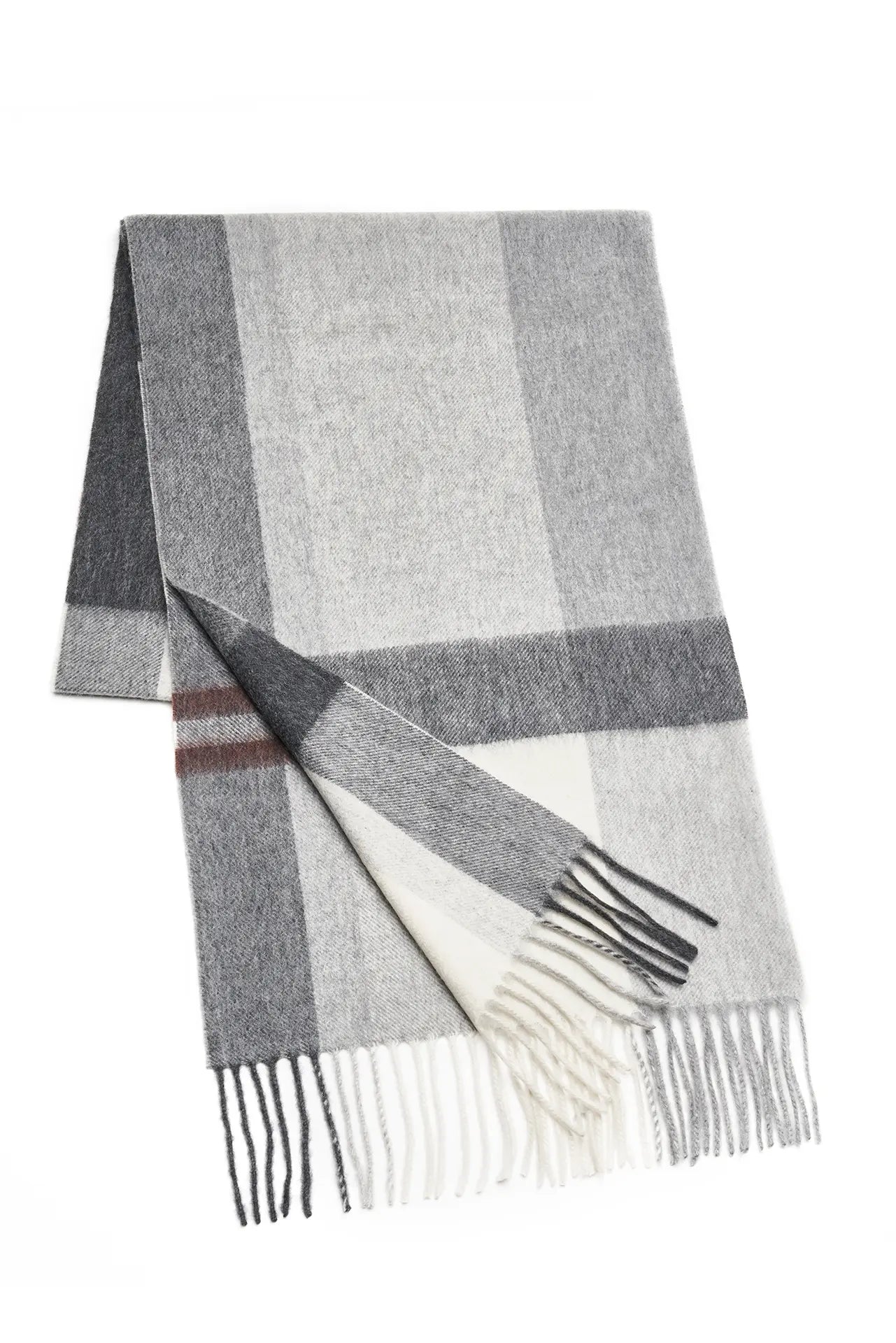 (Grau) Kaschmirschal Herren 100% Cashmere Karo – gefaltet mit Fransen