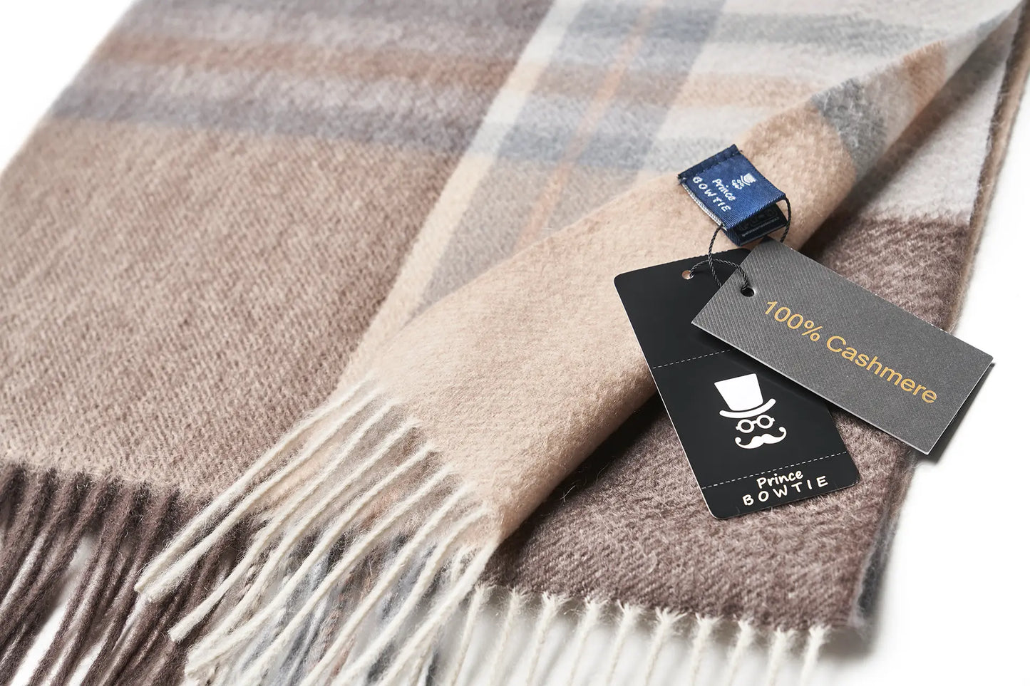(Beige) Cashmere Schal 100% Kaschmir – Detailansicht Prince Bowtie Label