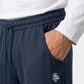 (Dunkelblau) Herren Lounge Hose – Detail Bund, Kordelzug und Seitentasche