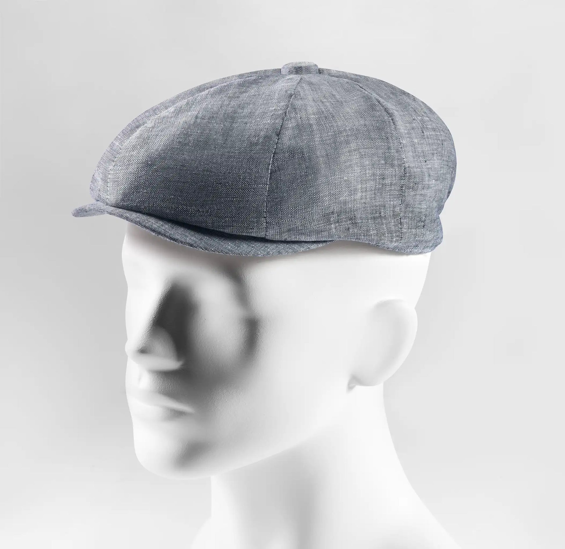 (Blau) Ballonmütze Herren Leinen – Newsboy Cap seitliche Ansicht auf Mannequin