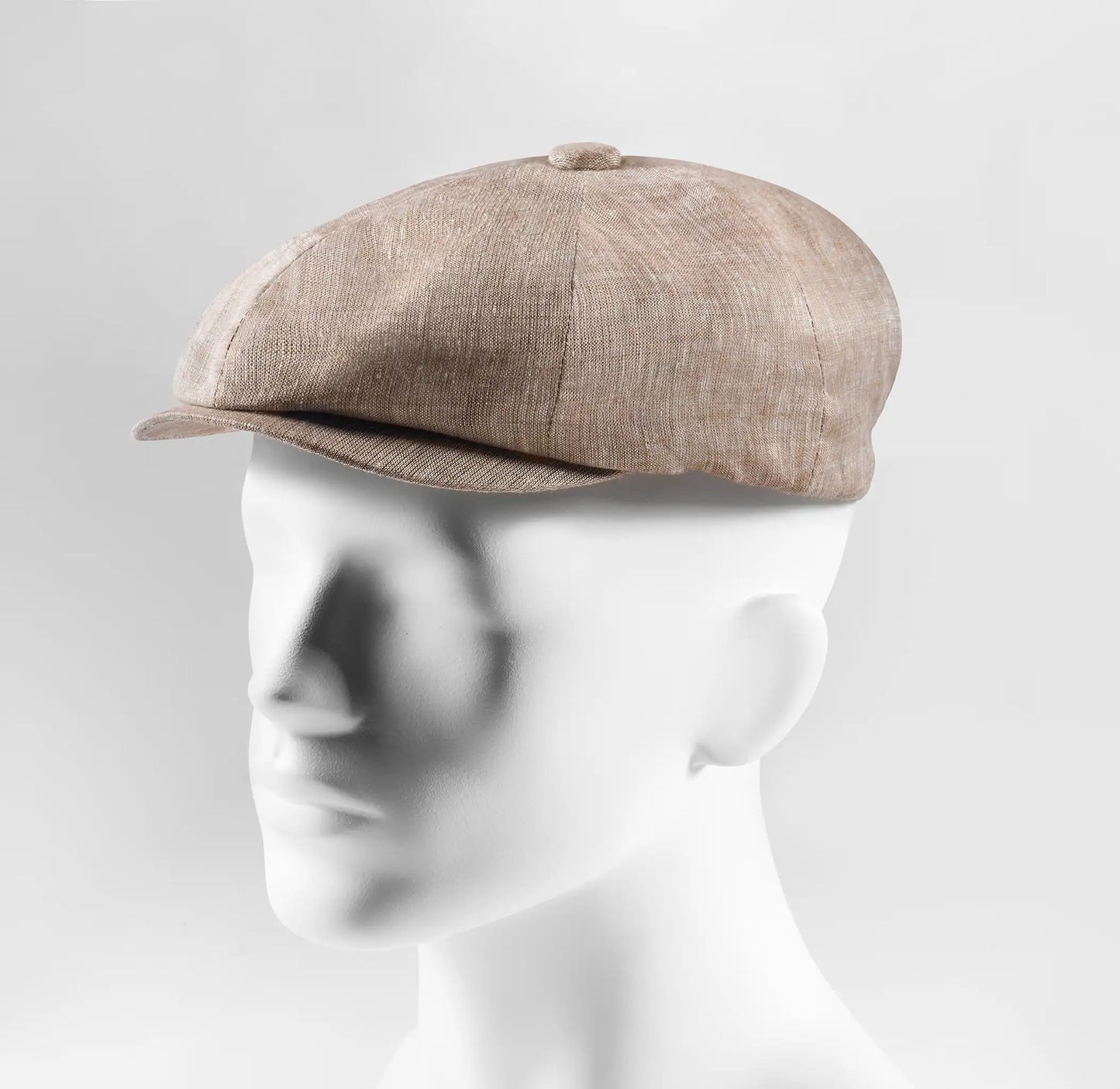 (Beige) Ballonmütze Herren Leinen – Newsboy Cap seitliche Ansicht auf Mannequin