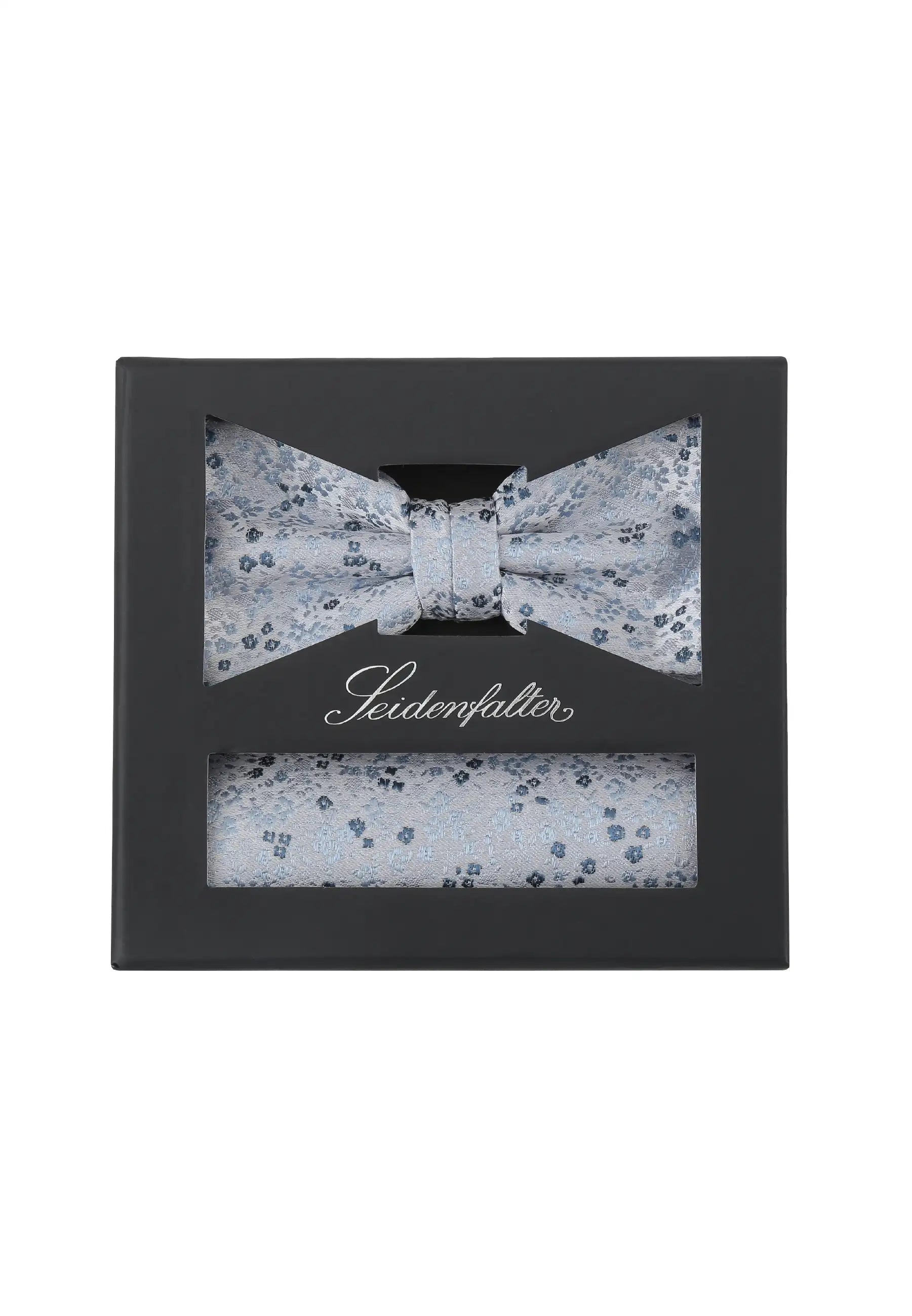 (Hellblau) Seidenfalter Fliege-Einstecktuch Set in Geschenkbox, florales Muster