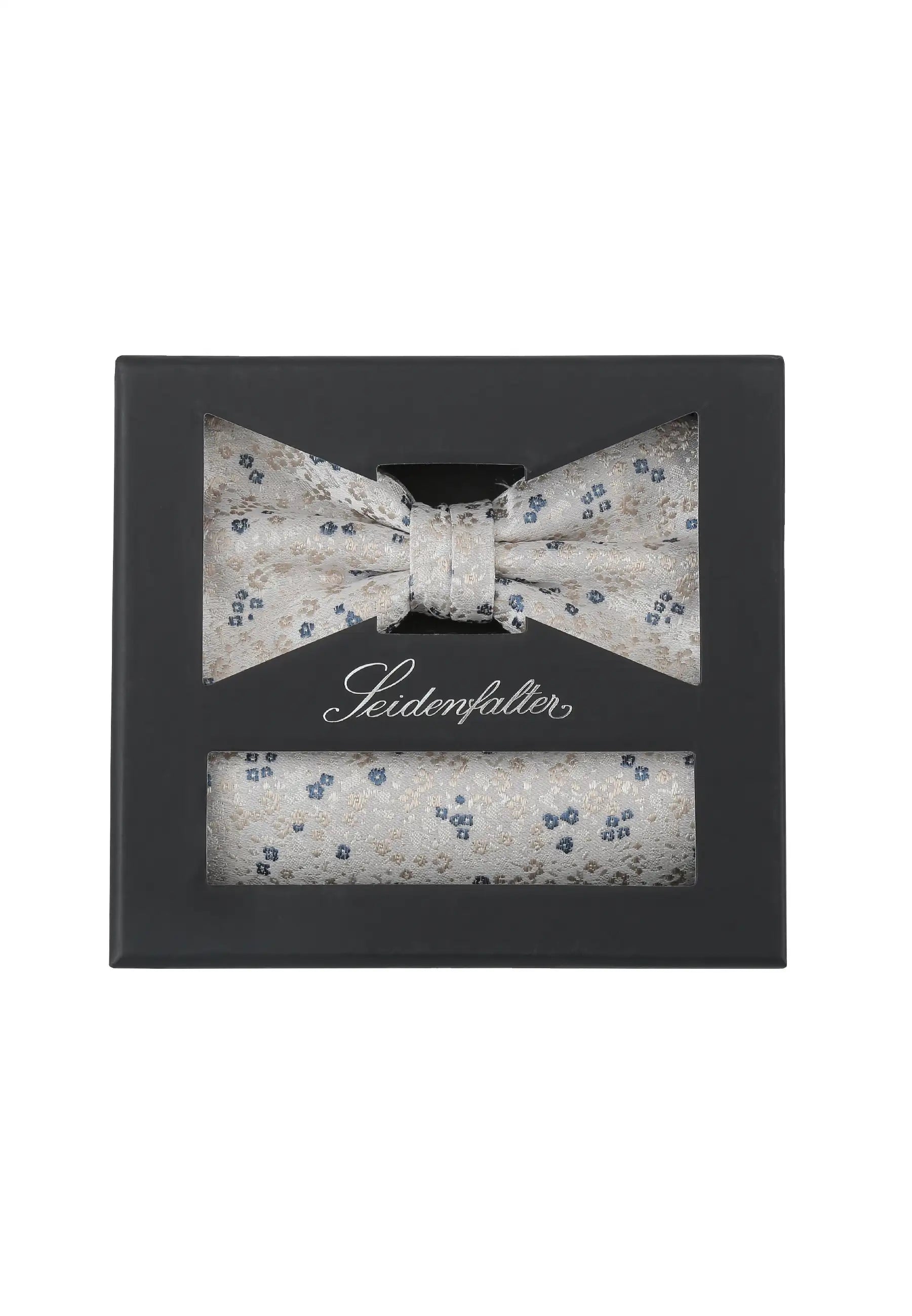 (Beige) Seidenfalter Fliege-Einstecktuch Set in Geschenkbox, florales Muster