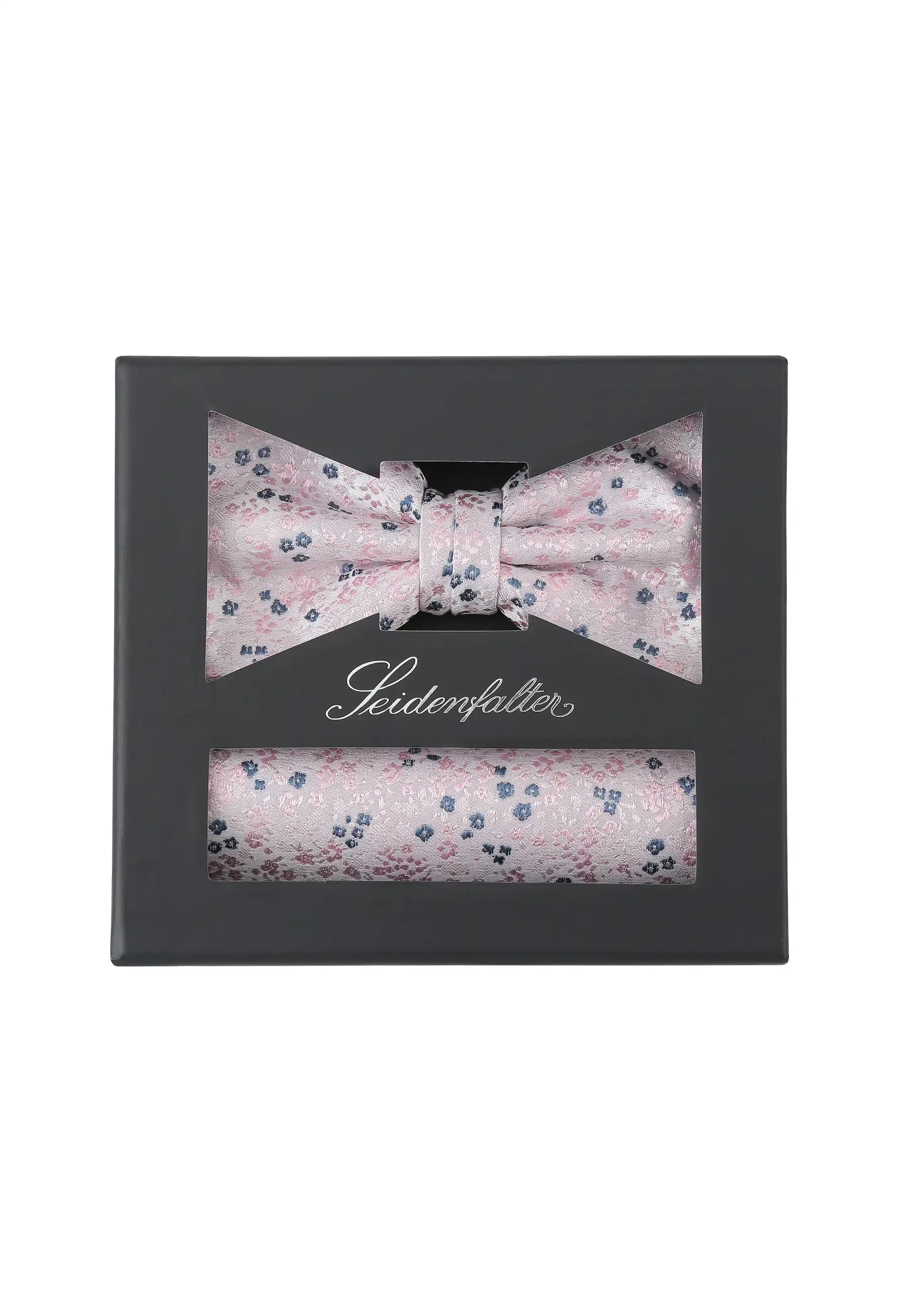 (Rosa) Seidenfalter Fliege-Einstecktuch Set in Geschenkbox, florales Muster