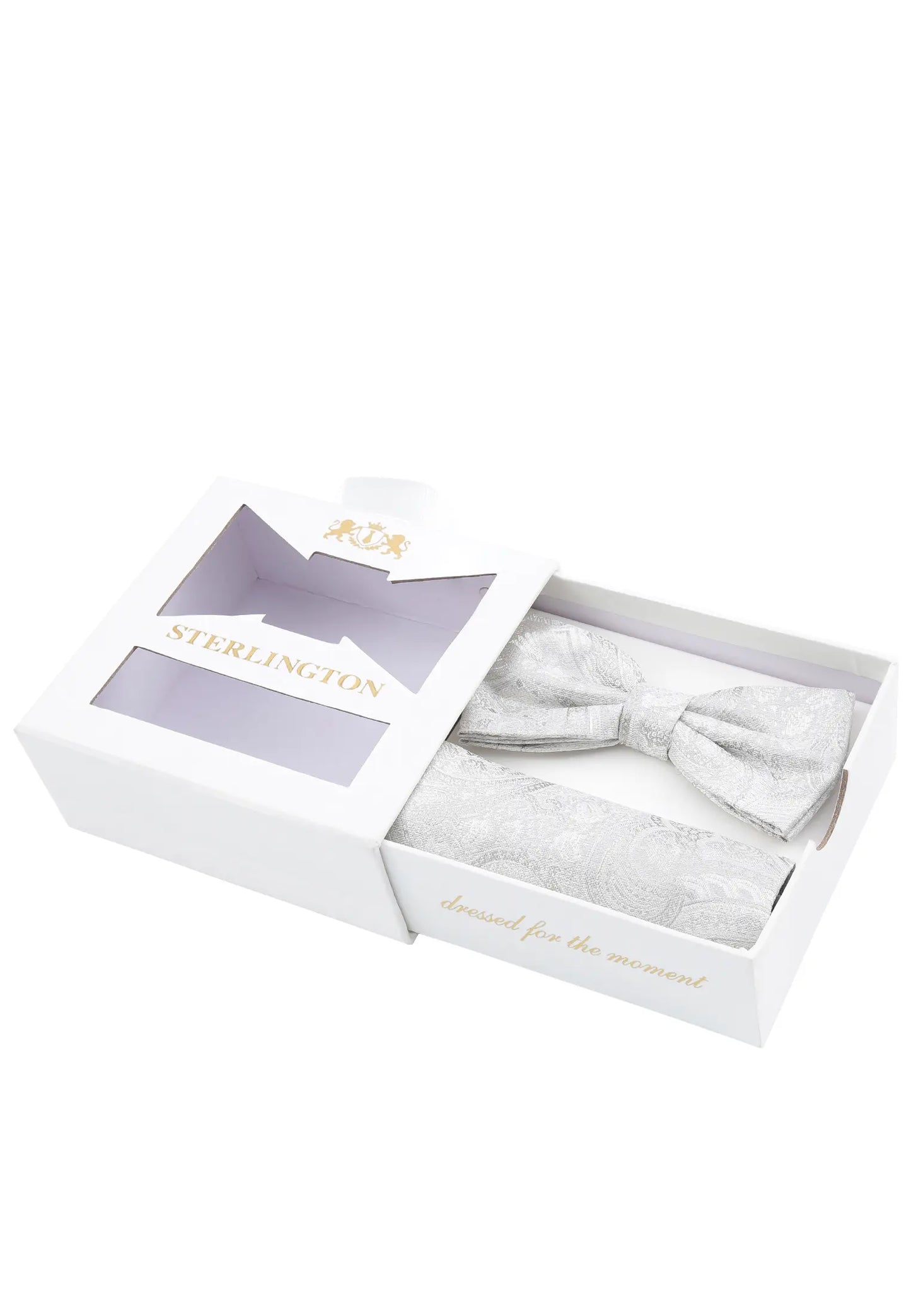 (Champagner) Fliege Einstecktuch Set Sterlington – Geschenkbox schräg geöffnet