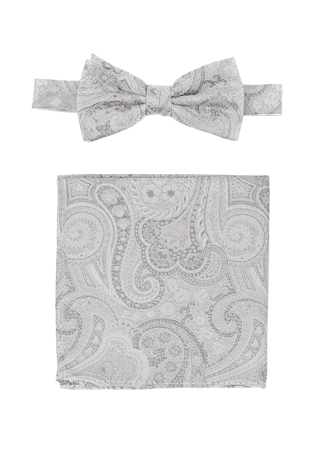 (Silber) Fliege und Einstecktuch Set Hochzeit Paisley – Fliege und Tuch ausgelegt