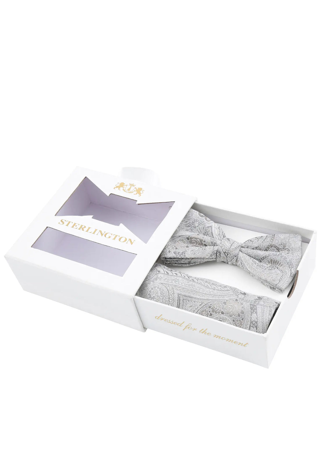 (Silber) Fliege Einstecktuch Set Sterlington – Geschenkbox schräg geöffnet
