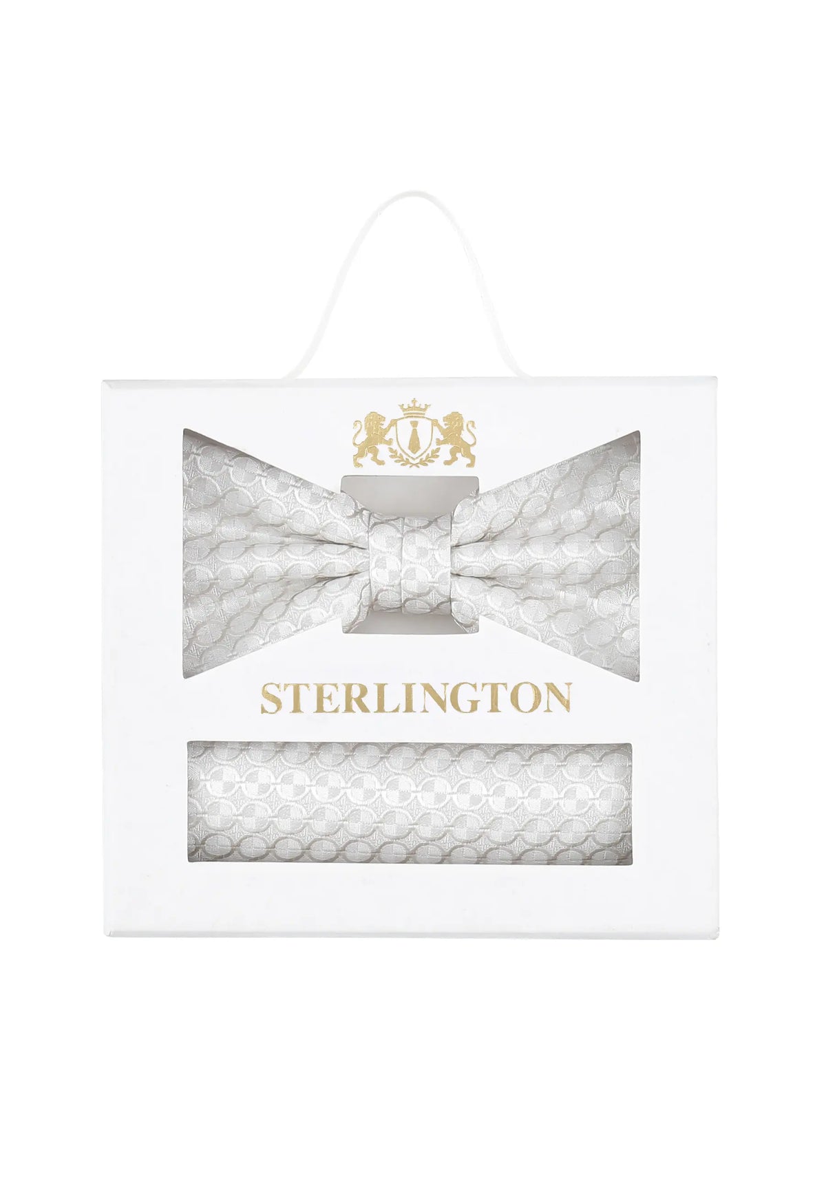 (Champagner) Fliege Einstecktuch Set Kreise Seide – Sterlington Geschenkbox Frontalansicht