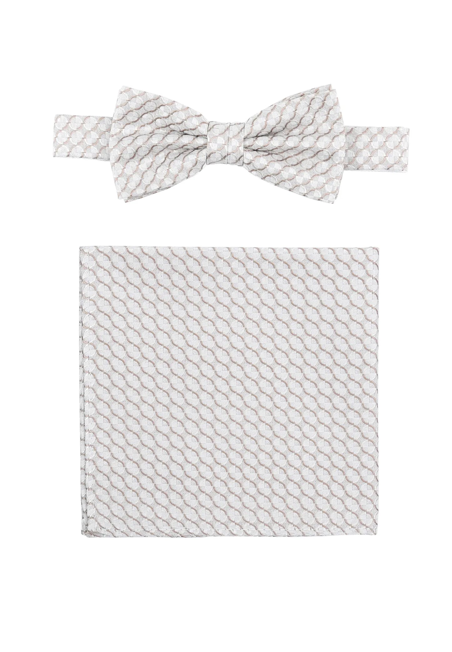 (Beige) Fliege und Einstecktuch Set Hochzeit Kreise – Fliege und Tuch ausgelegt