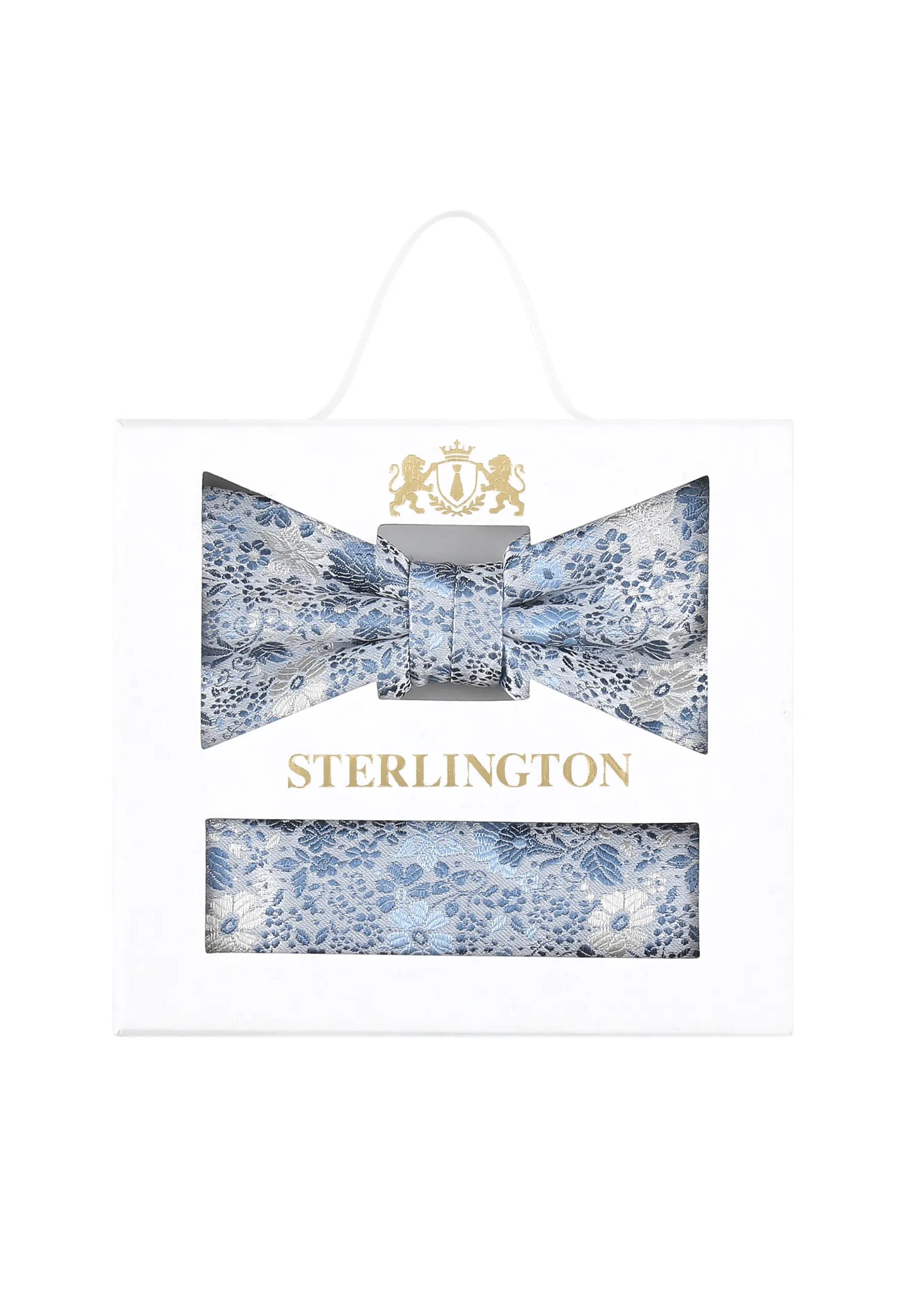(Hellblau) Fliege Einstecktuch Set Floral Seide – Sterlington Geschenkbox Frontalansicht