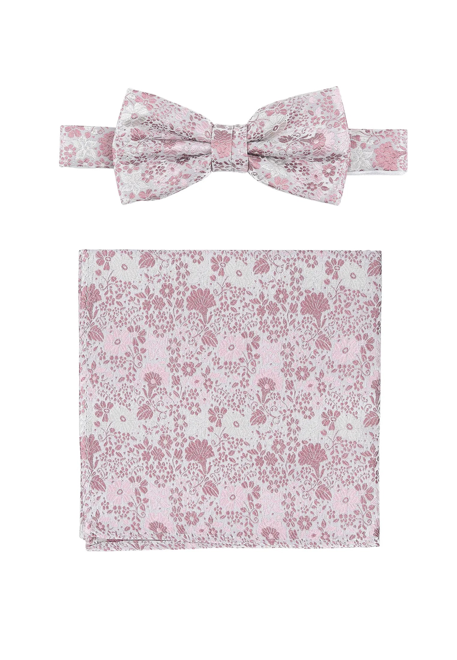 (Rosa) Fliege und Einstecktuch Set Hochzeit Floral – Fliege und Tuch ausgelegt