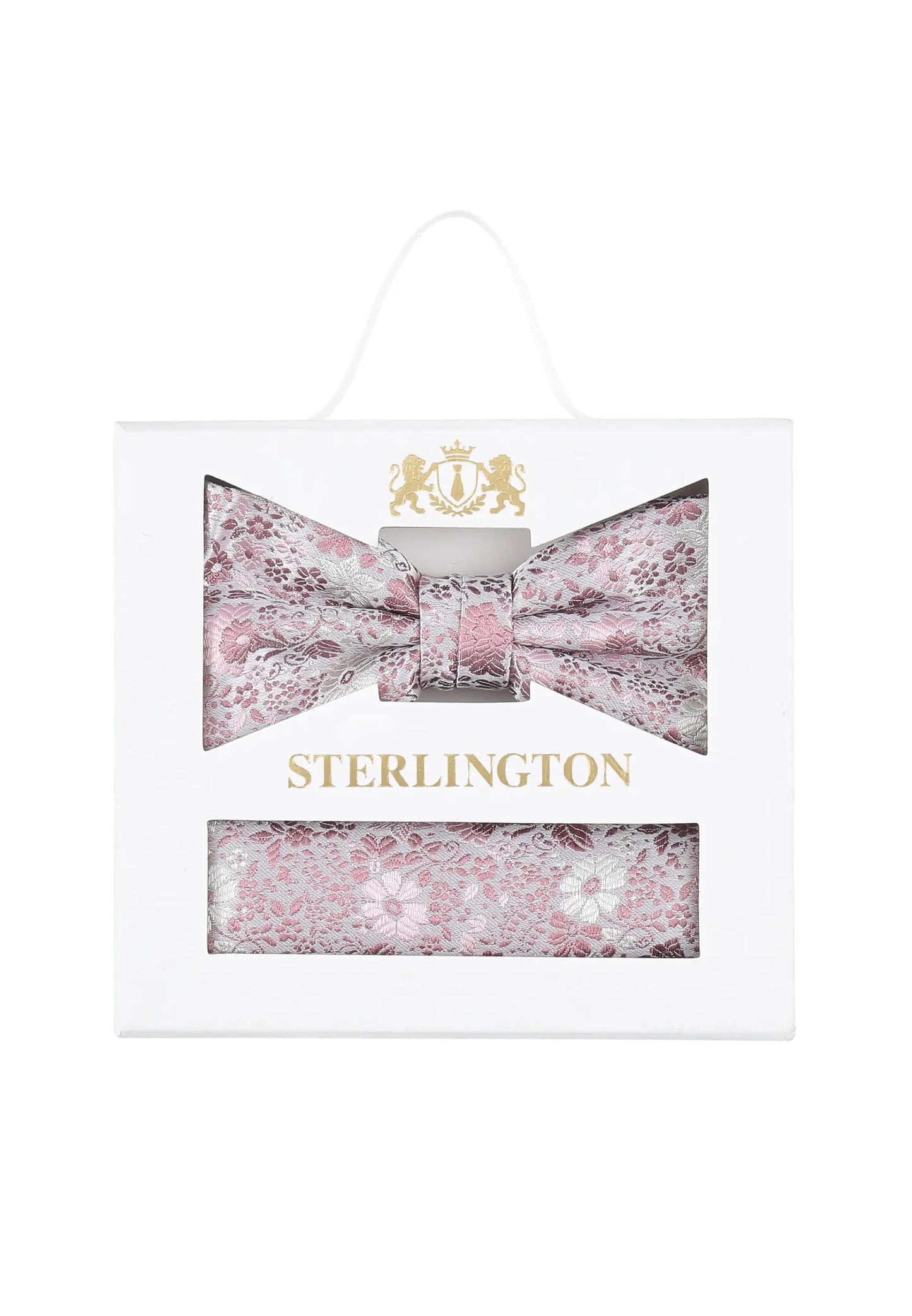 (Rosa) Fliege Einstecktuch Set Floral Seide – Sterlington Geschenkbox Frontalansicht