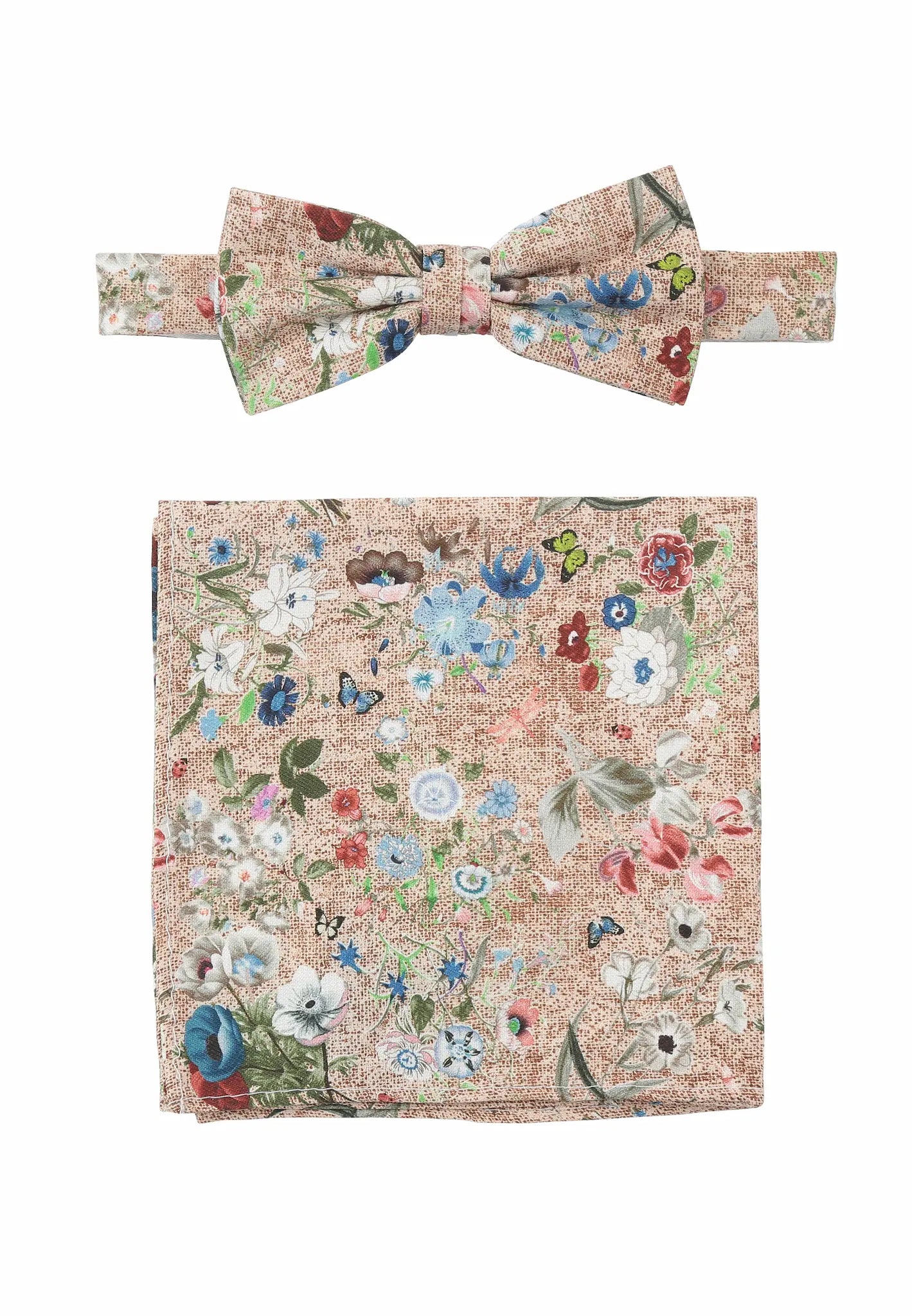 (Beige) Fliege und Einstecktuch Herren Blumenmuster Seide – Gesamtansicht