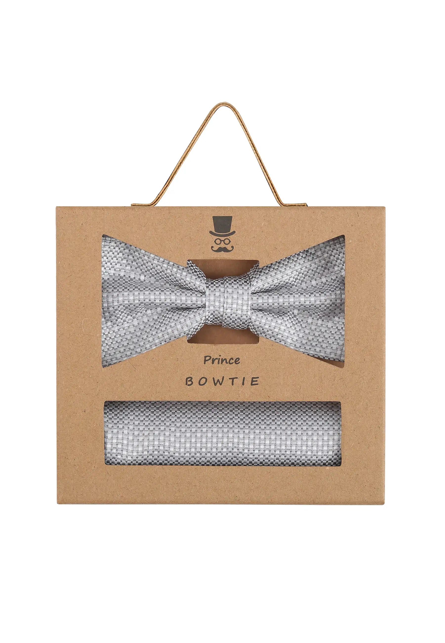 (Silber) Fliege Einstecktuch Set Herren Mikromuster Seide – Geschenkverpackung Prince Bowtie