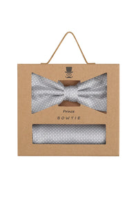 (Silber) Fliege Einstecktuch Set Herren Mikromuster Seide – Geschenkverpackung Prince Bowtie