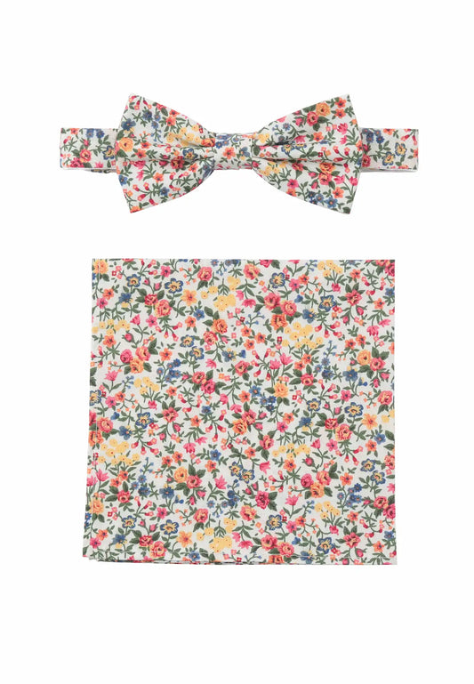 (Bunt) Fliege Einstecktuch Set Herren Blumenmuster Baumwolle – Gesamtansicht