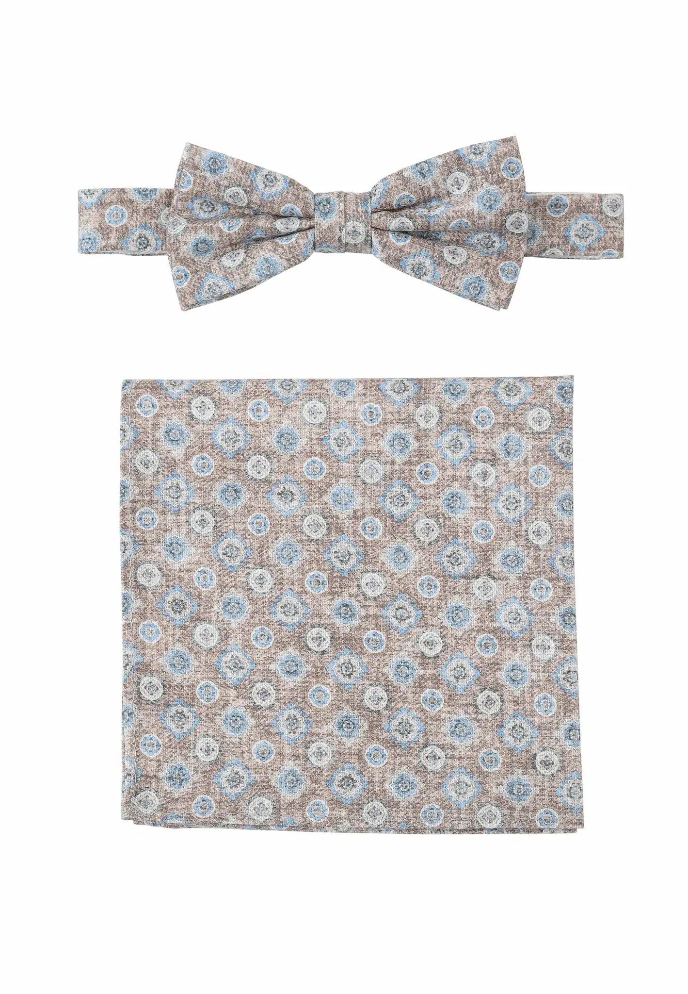(Beige) Fliege Einstecktuch Set Herren Medaillon Baumwolle – Gesamtansicht