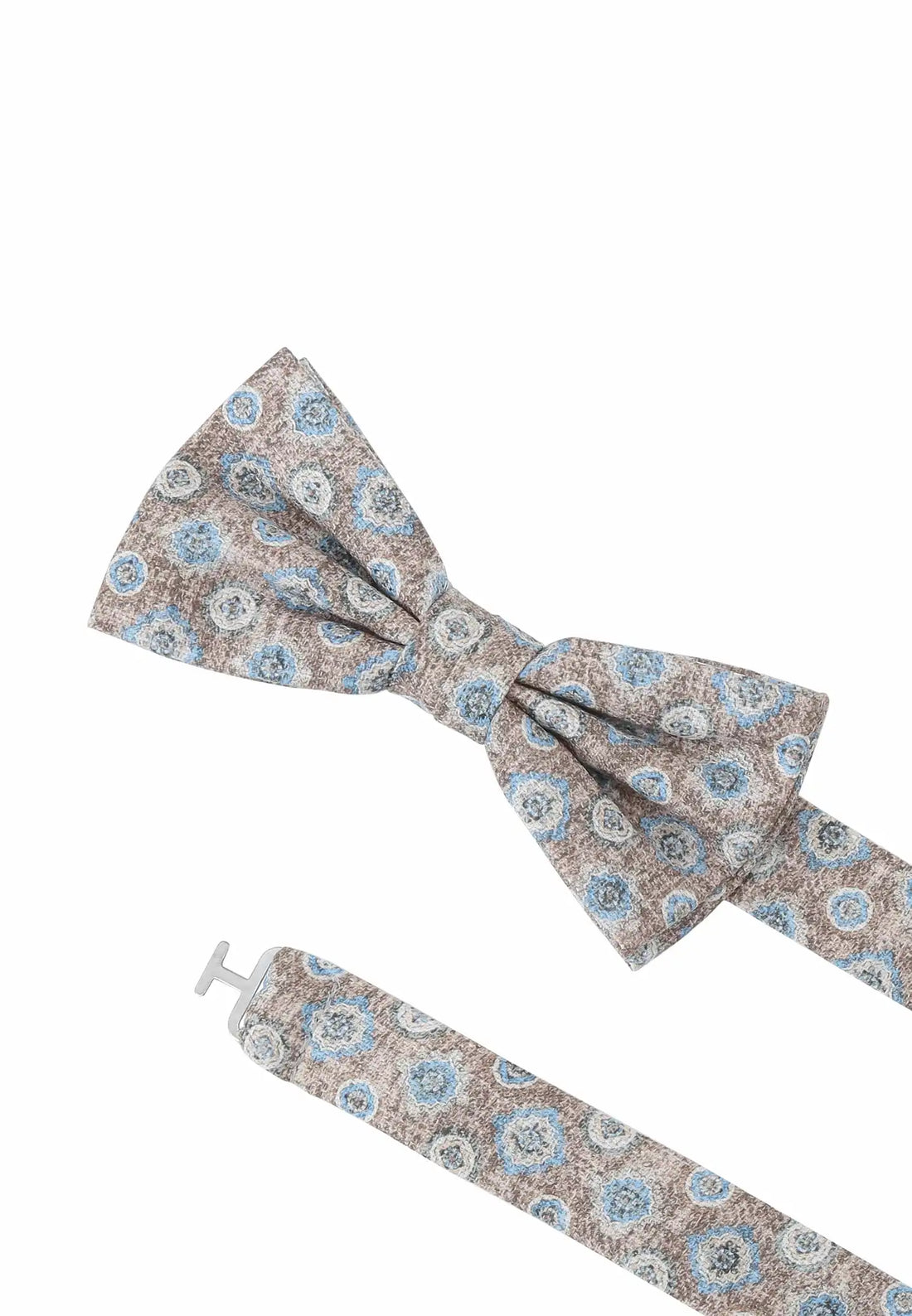 (Beige) Fliege Medaillon-Muster Baumwolle – Detailansicht mit verstellbarem Größenband