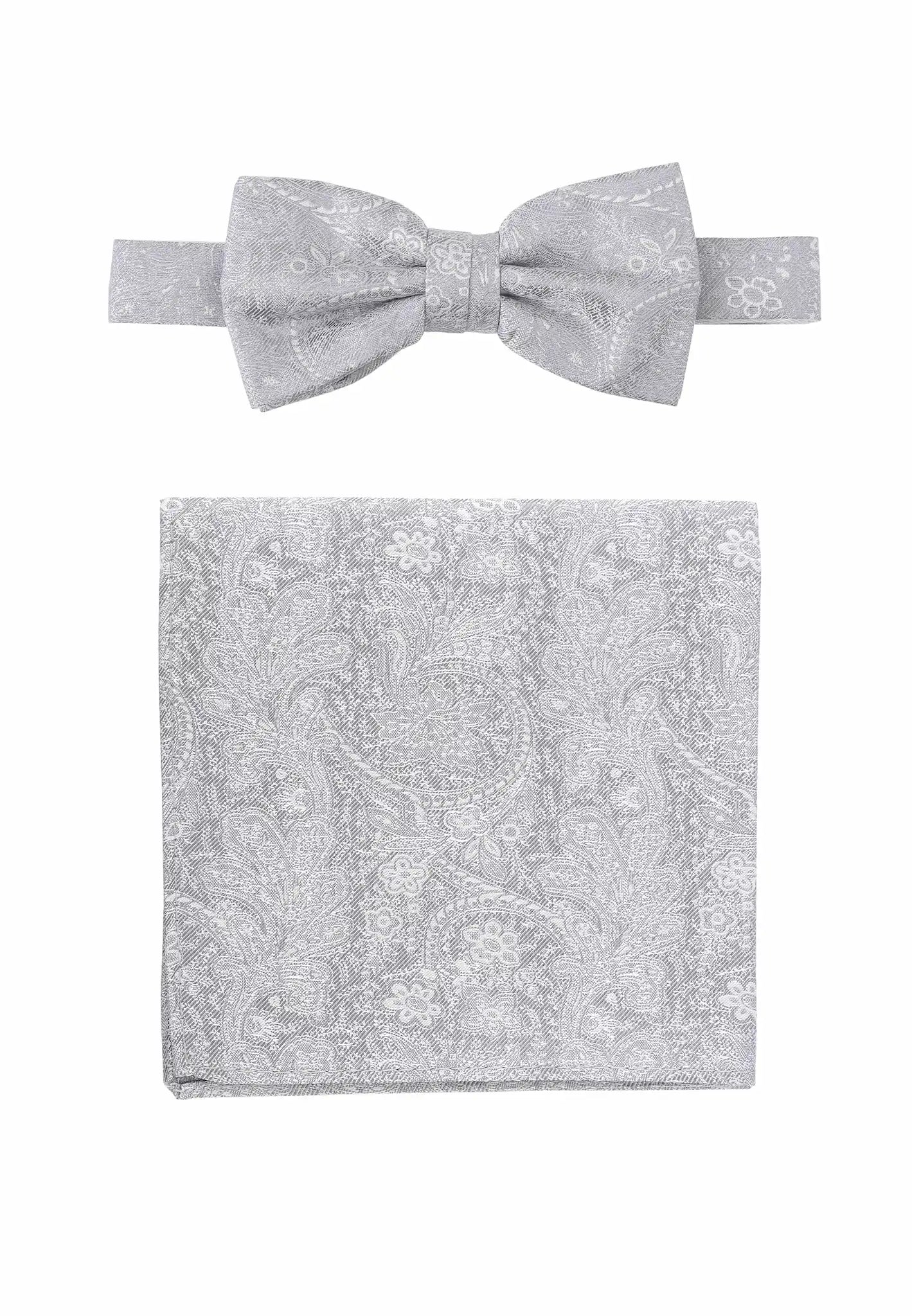 (Hellgrau) Fliege Einstecktuch Set Herren Paisley Seide – Gesamtansicht
