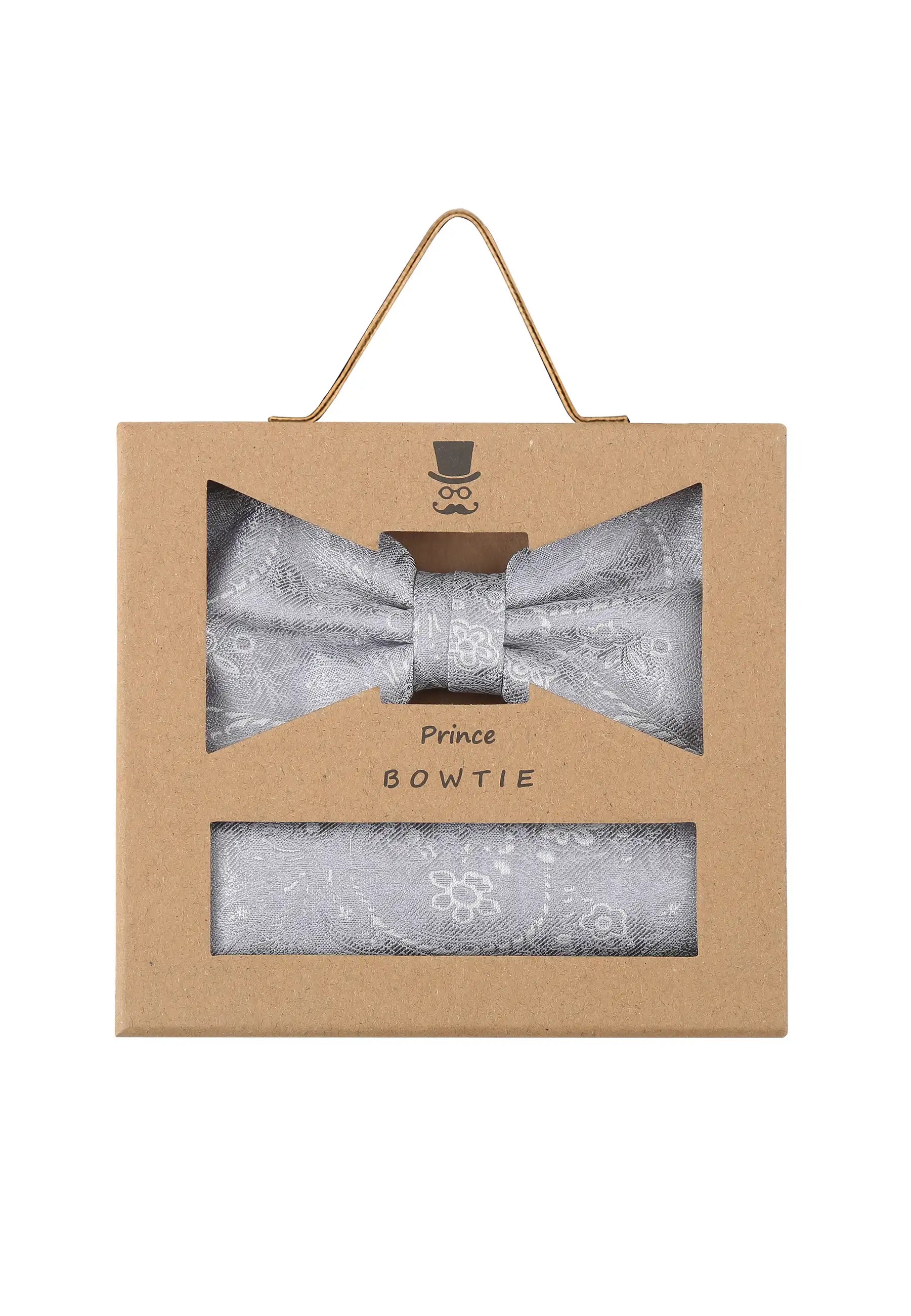 (Hellgrau) Fliege Einstecktuch Set Paisley Seide – Geschenkverpackung Prince Bowtie