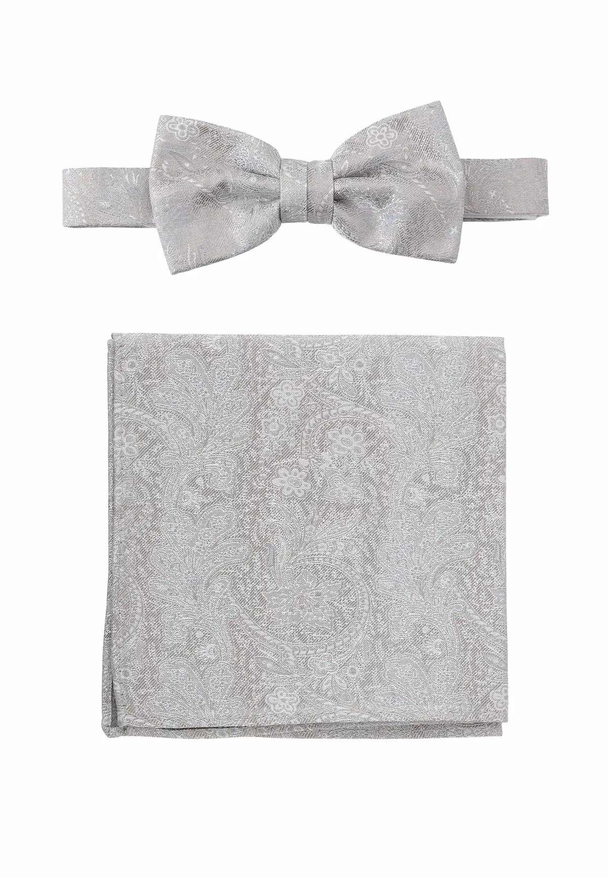 (Beige) Fliege Einstecktuch Set Herren Paisley Seide – Gesamtansicht