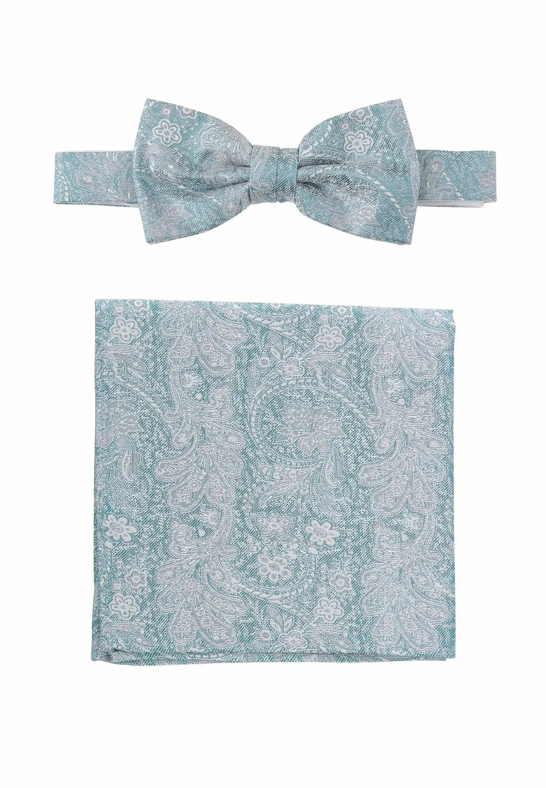 (Petrol) Fliege Einstecktuch Set Herren Paisley Seide – Gesamtansicht