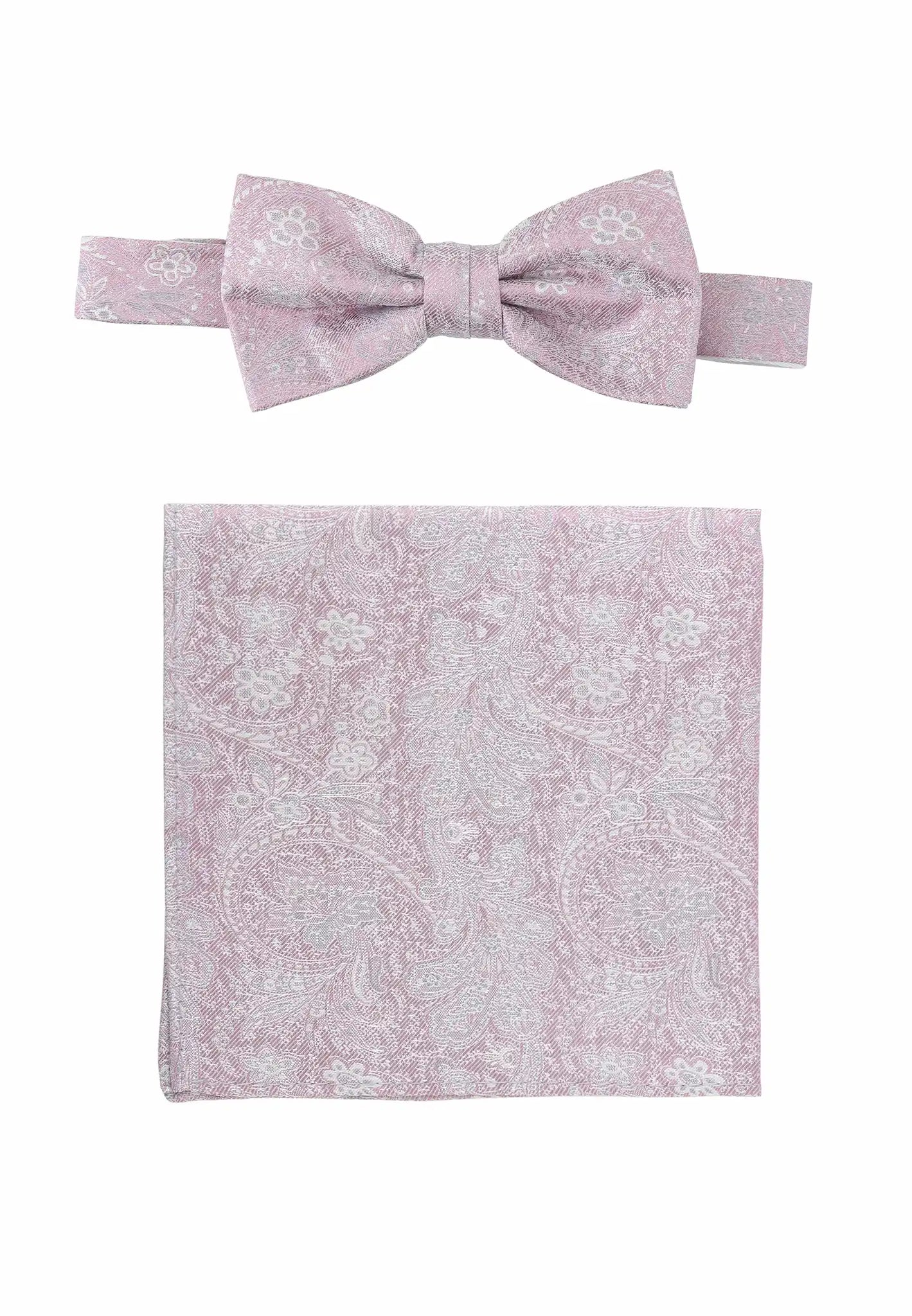 (Rosa) Fliege Einstecktuch Set Herren Paisley Seide – Gesamtansicht