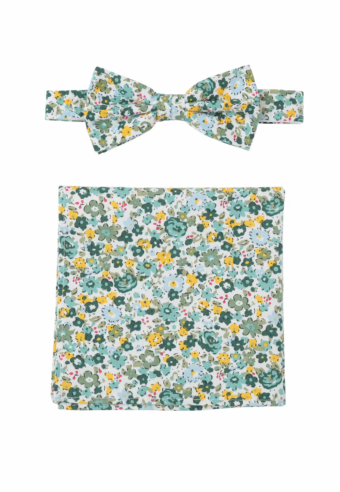 (Grün) Fliege Einstecktuch Set Herren Blumenmuster Baumwolle – Gesamtansicht