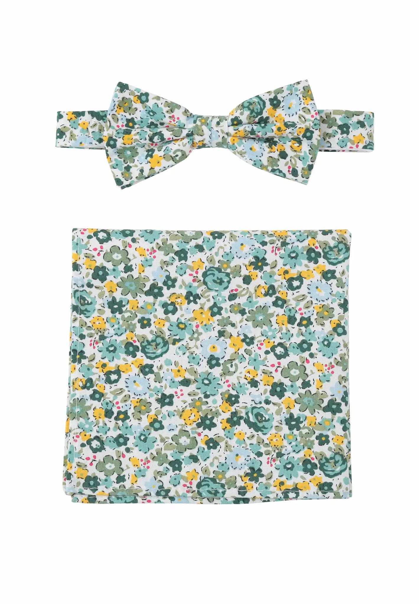 (Grün) Fliege Einstecktuch Set Herren Blumenmuster Baumwolle – Gesamtansicht