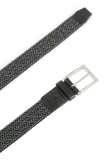 (Schwarz) Elastischer Flechtgürtel 3,5 cm – Schnalle und Lederspitze Detailansicht