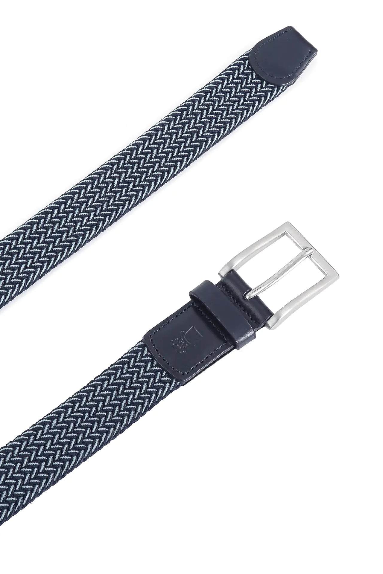 (Dunkelblau) Elastischer Flechtgürtel 3,5 cm – Schnalle und Lederspitze Detailansicht