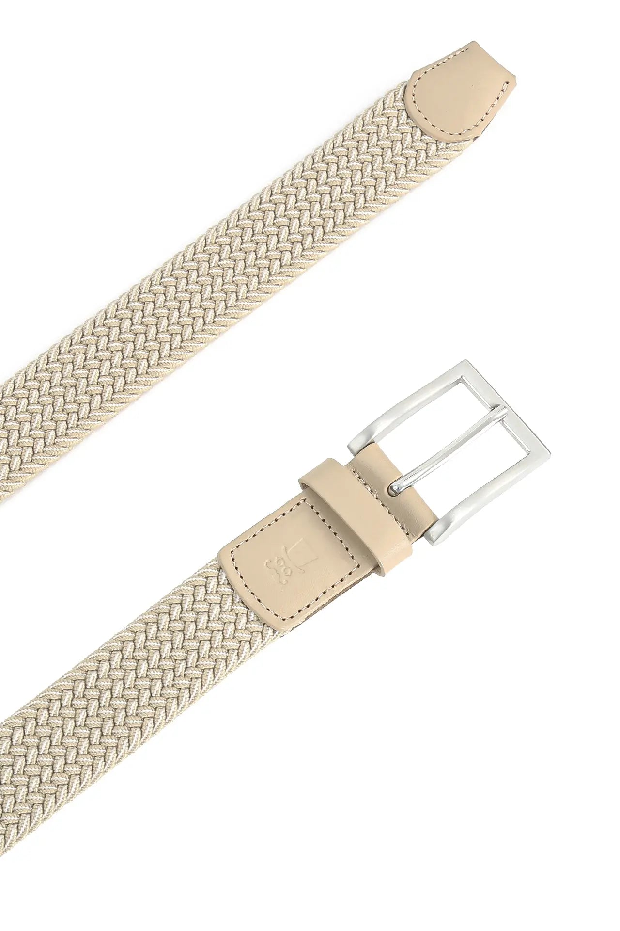 (Beige) Elastischer Flechtgürtel 3,5 cm – Schnalle und Lederspitze Detailansicht