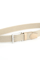 (Beige) Elastischer Flechtgürtel 3,5 cm – Schnalle und Lederspitze Detailansicht