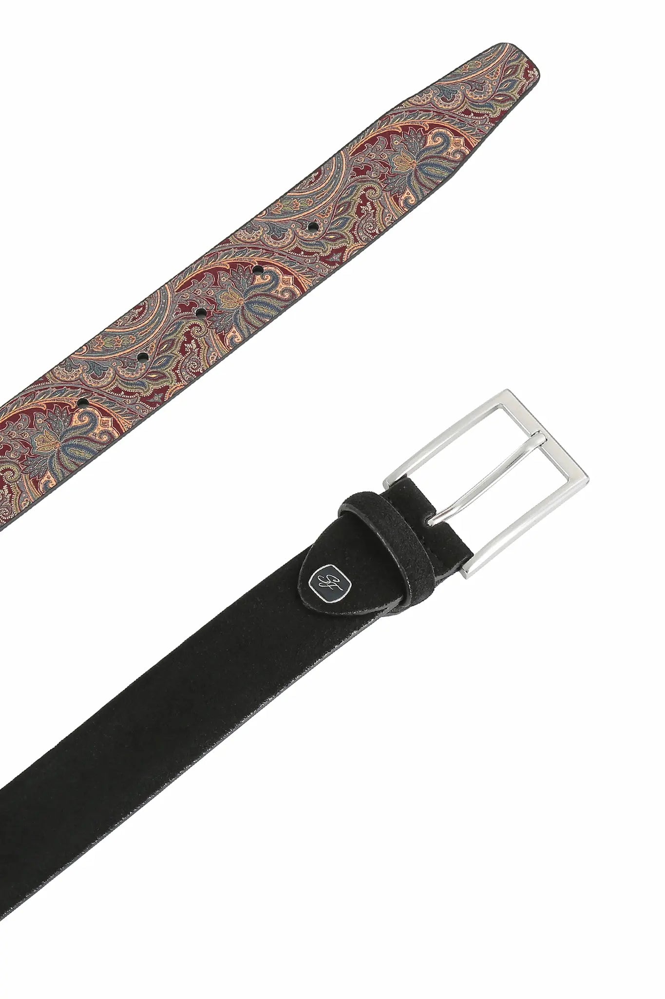 (Schwarz) Herrengürtel Veloursleder mit Paisley-Rückseite, Lederlogo-Emblem vorne