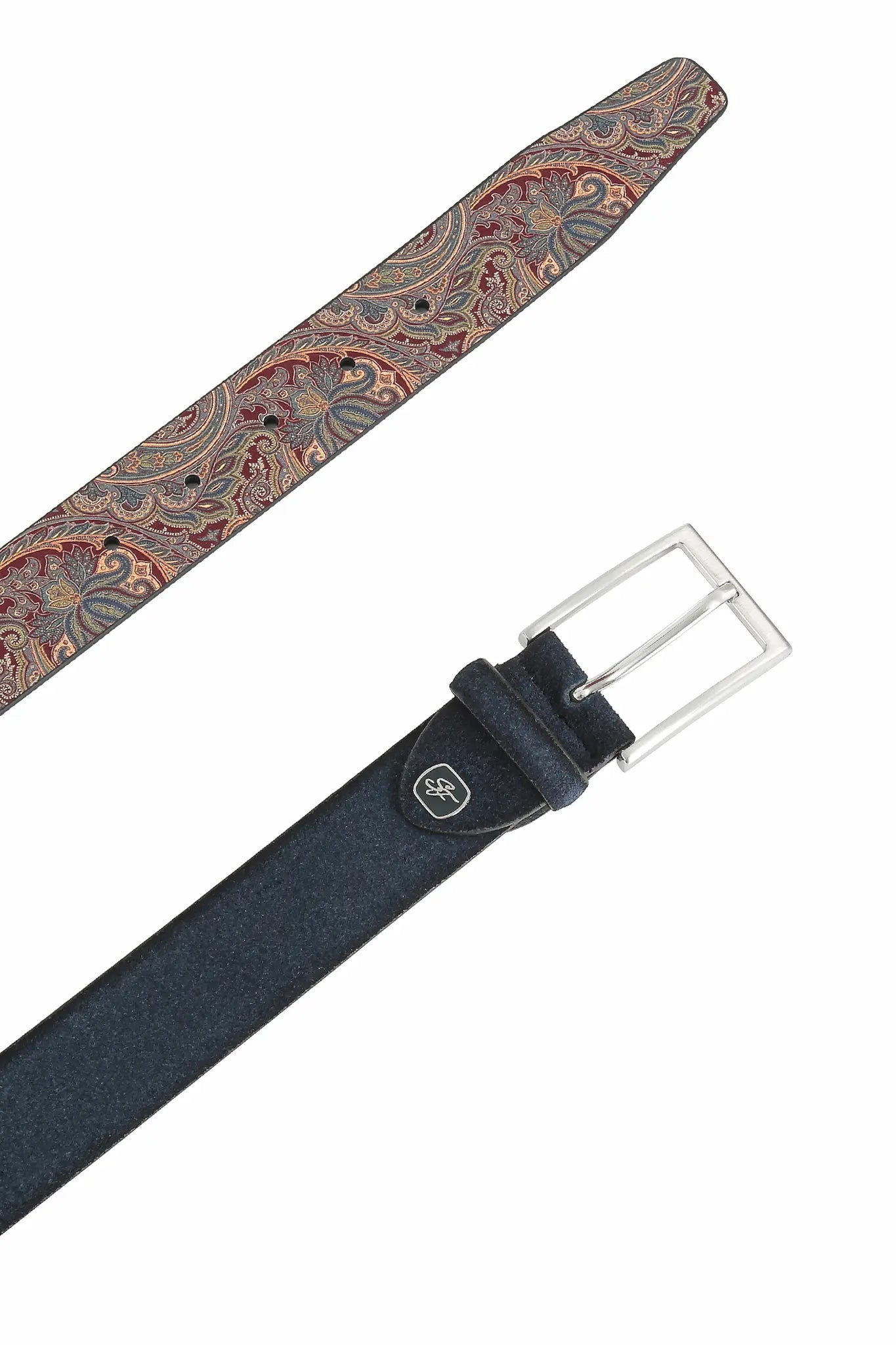 (Dunkelblau) Herrengürtel Veloursleder mit Paisley-Rückseite, Lederlogo-Emblem vorne
