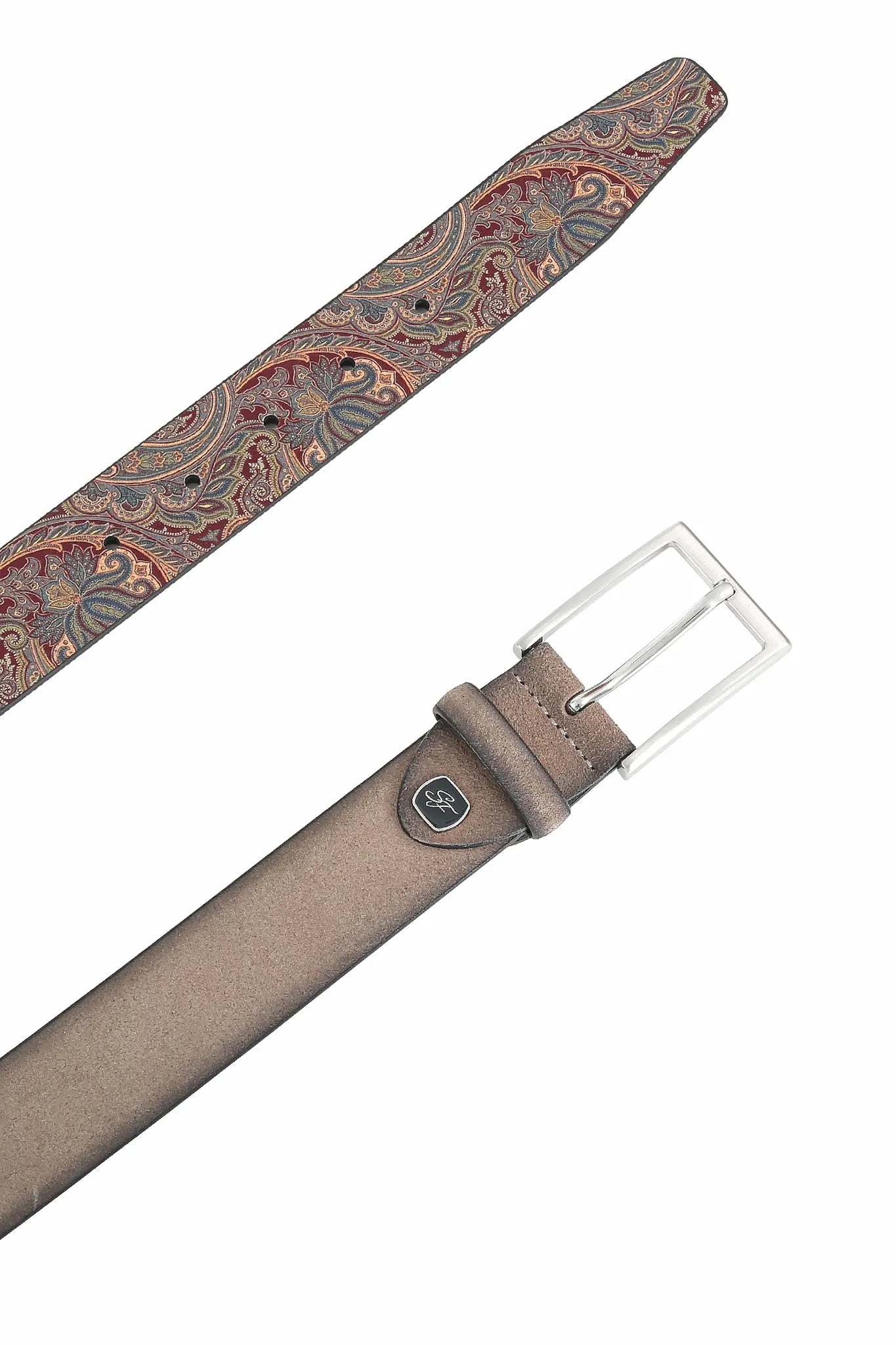 (Taupe) Herrengürtel Veloursleder mit Paisley-Rückseite, Lederlogo-Emblem vorne