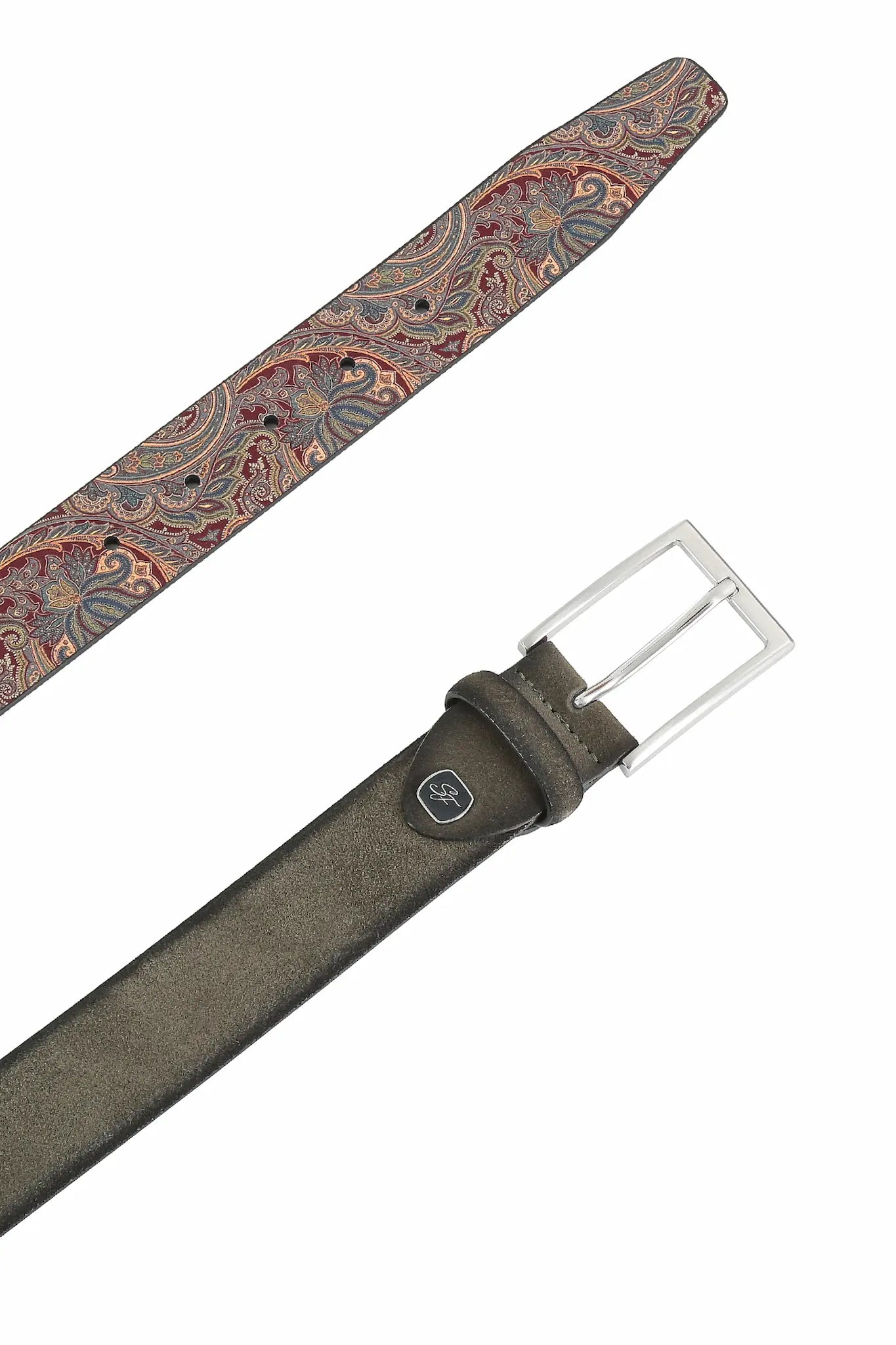 (Grün) Herrengürtel Veloursleder mit Paisley-Rückseite, Lederlogo-Emblem vorne