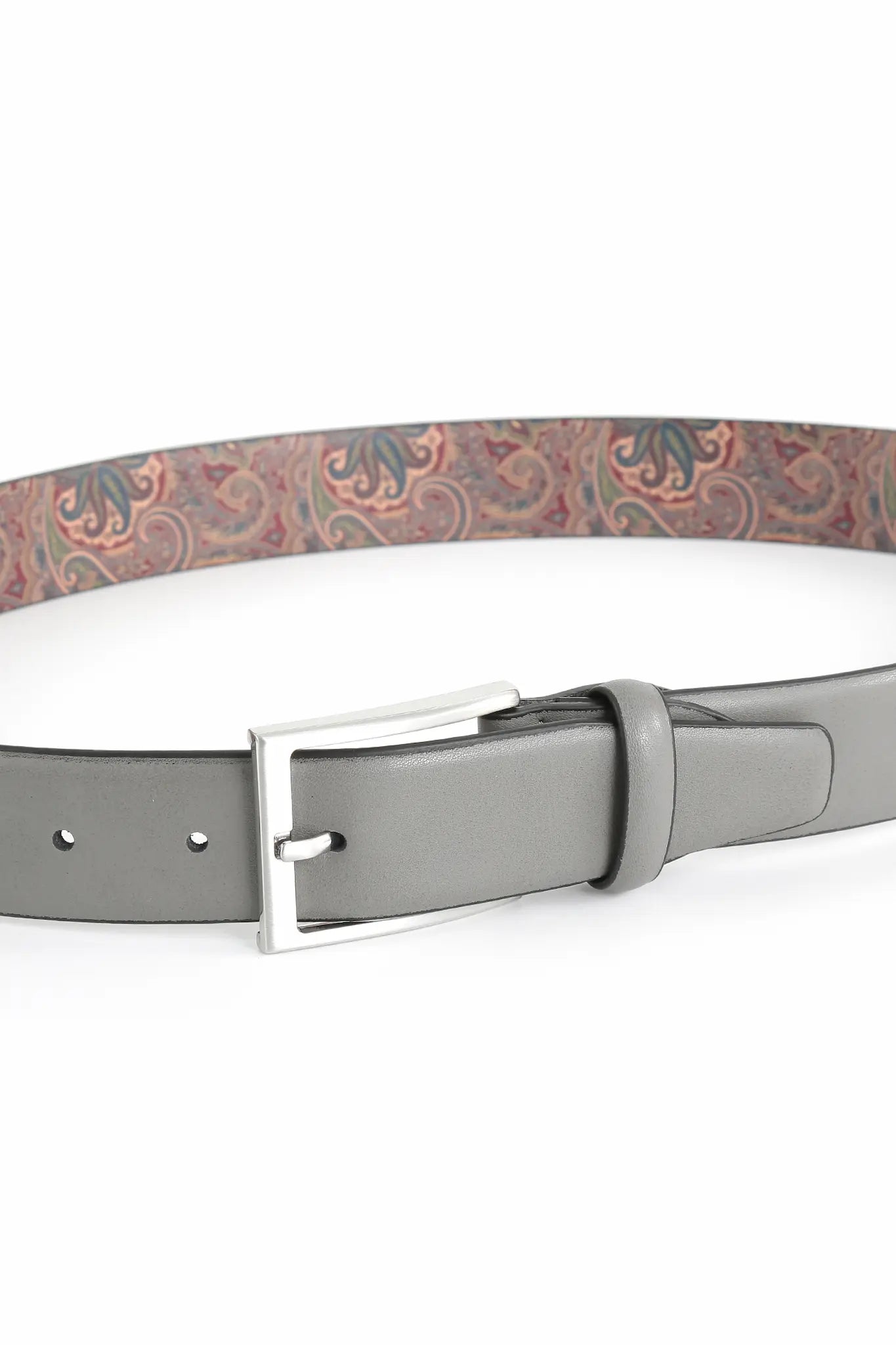 (Grau) Rückseite des Glattledergürtels mit elegantem Paisley-Print