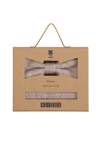 (Beige) Kids Fliege Einstecktuch Set Leinen – Geschenkverpackung Prince Bowtie
