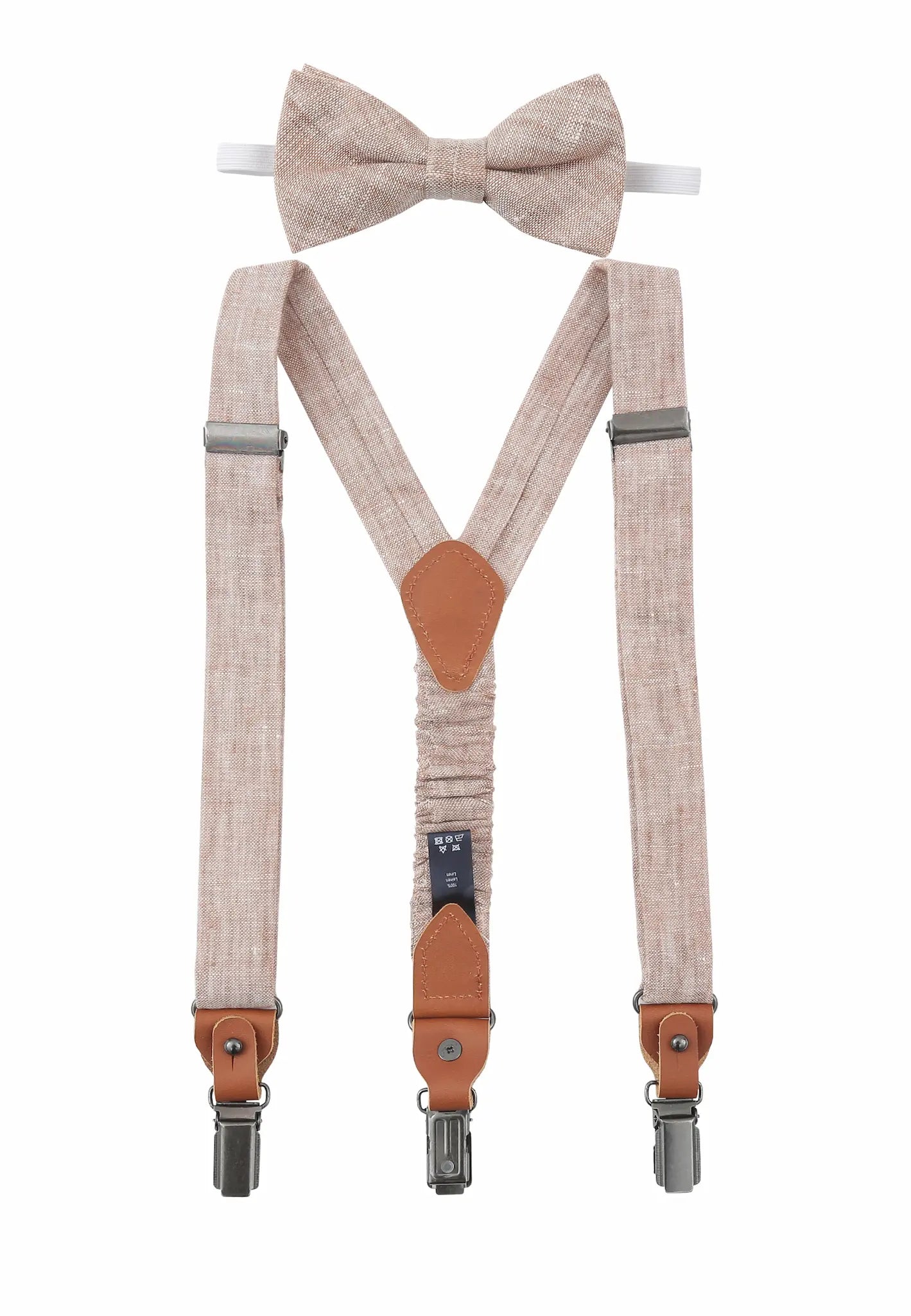 (Beige) Kids Hosenträger und Fliege Leinen – Y-Form mit Lederdetails
