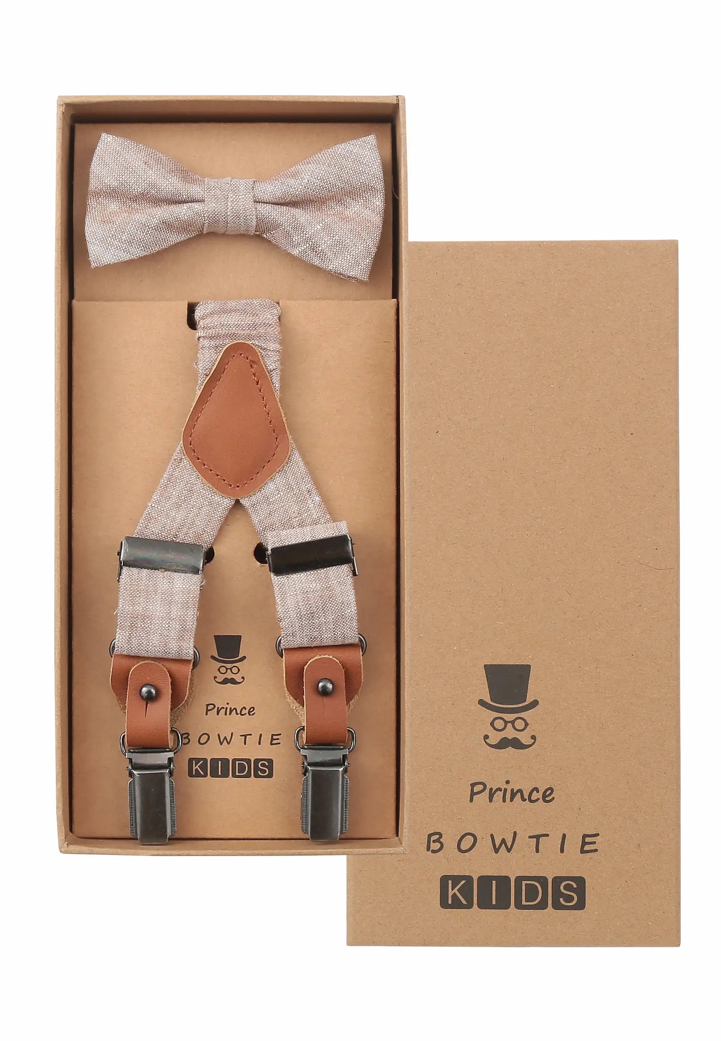 (Beige) Kids Hosenträger Set mit Fliege Leinen – Geschenkbox Prince Bowtie