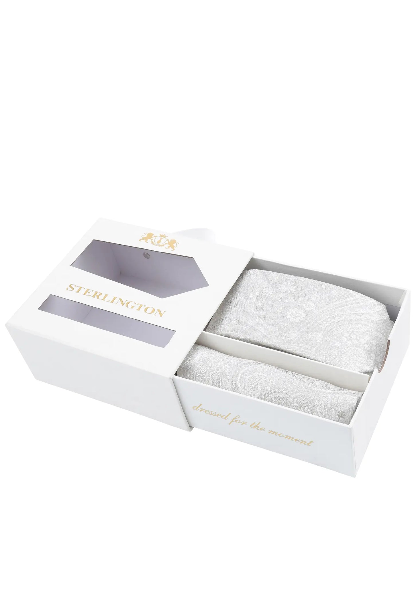 (Champagner) Krawatte Einstecktuch Set Sterlington – Geschenkbox schräg geöffnet