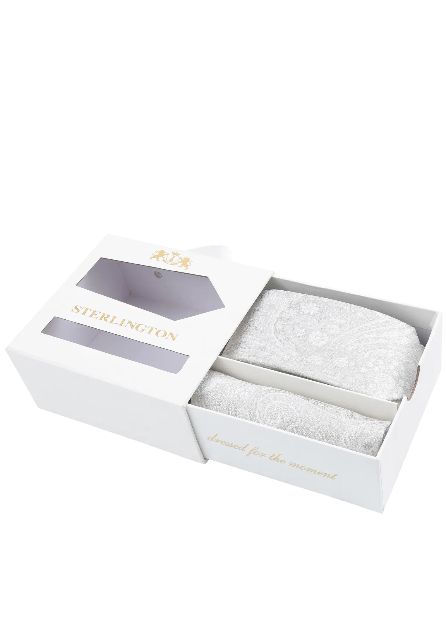 (Champagner) Krawatte Einstecktuch Set Sterlington – Geschenkbox schräg geöffnet