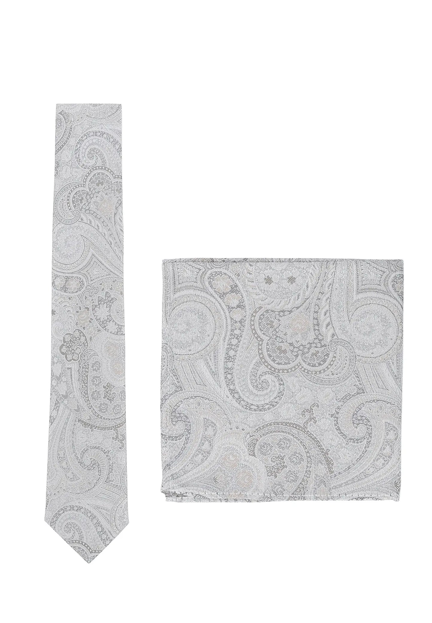 (Silber) Krawatte und Einstecktuch Set Hochzeit Paisley – Krawatte und Tuch ausgelegt