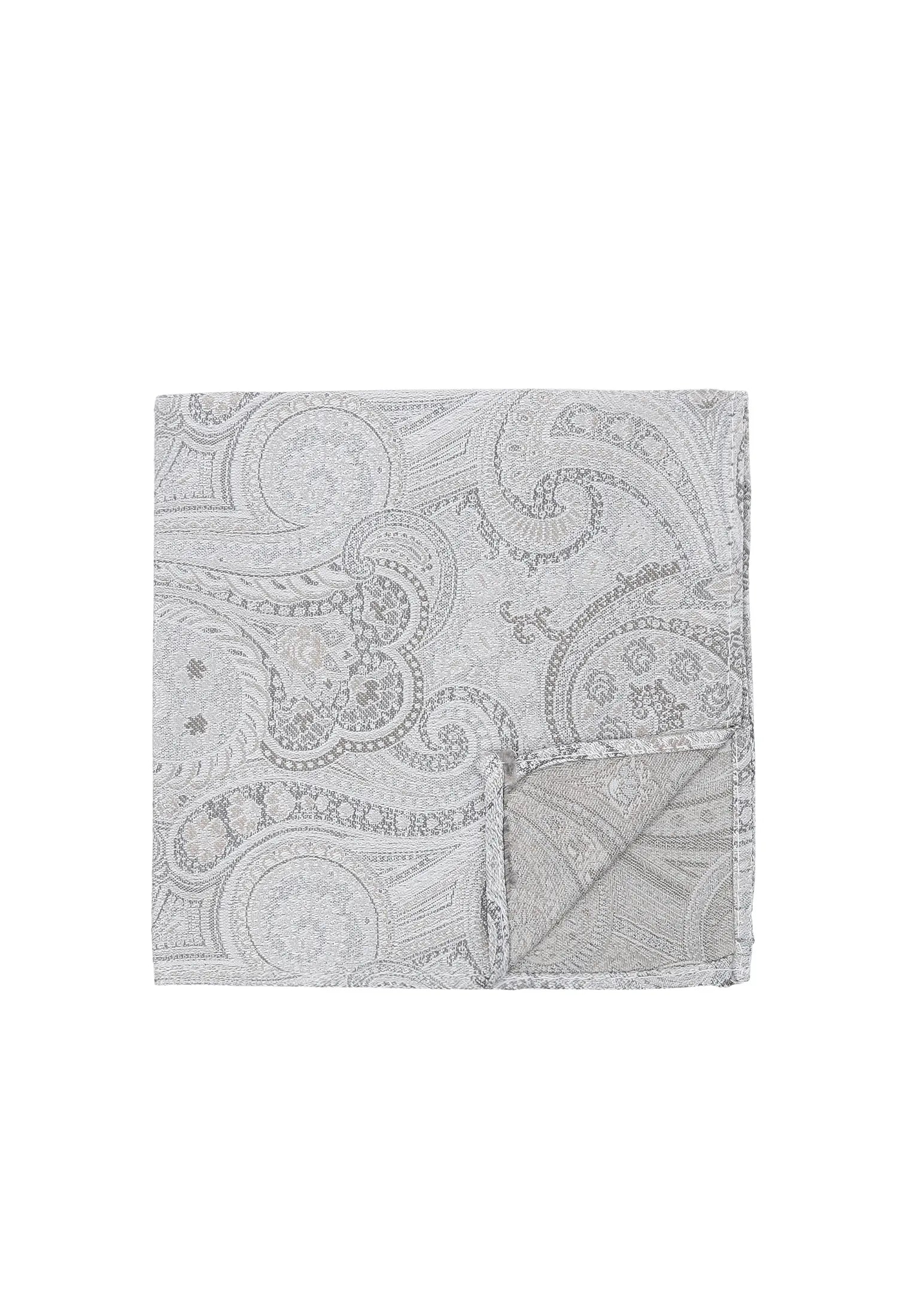 (Silber) Einstecktuch Hochzeit Paisley Seide – Detailansicht mit Ecke umgeschlagen
