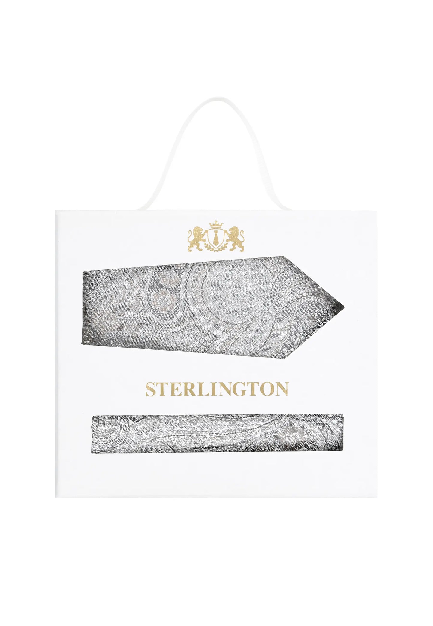 (Silber) Krawatte Einstecktuch Set Paisley Seide – Sterlington Geschenkbox Frontalansicht
