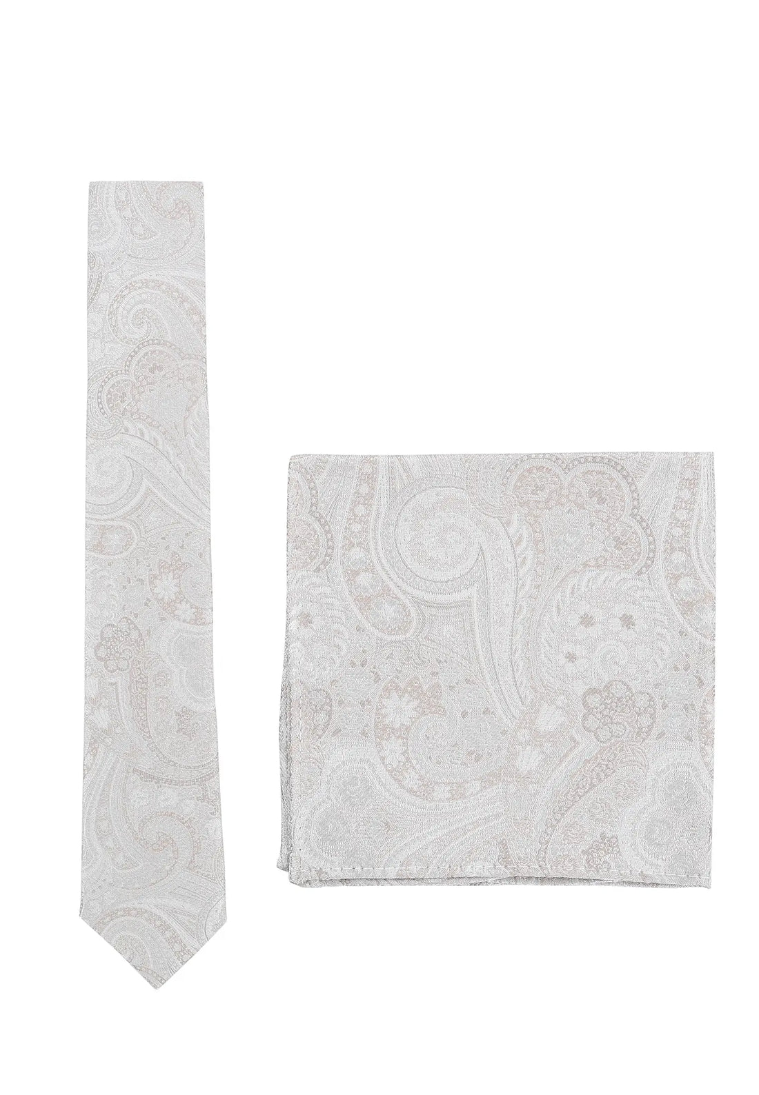 (Beige) Krawatte und Einstecktuch Set Hochzeit Paisley – Krawatte und Tuch ausgelegt
