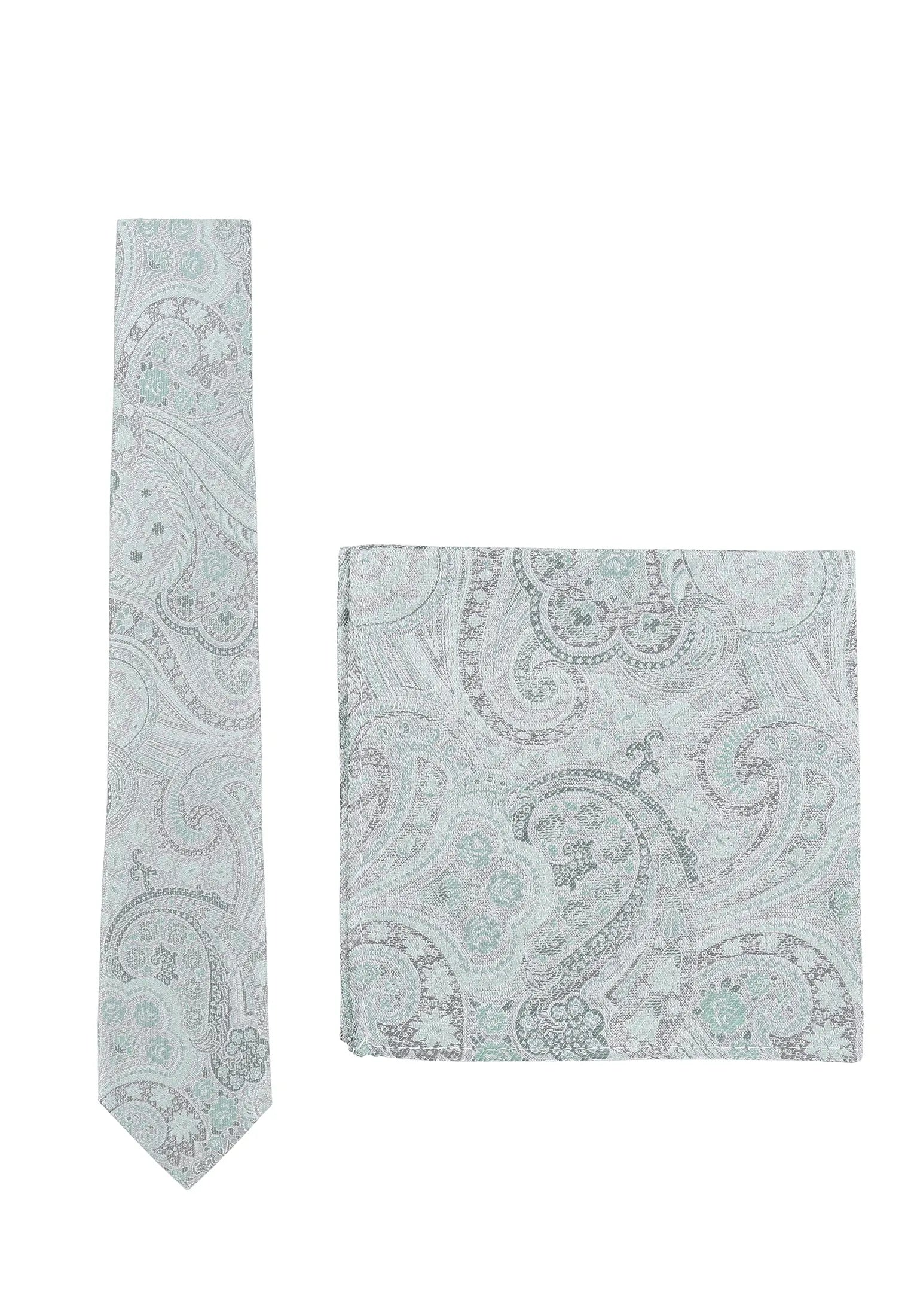 (Grün) Krawatte und Einstecktuch Set Hochzeit Paisley – Krawatte und Tuch ausgelegt