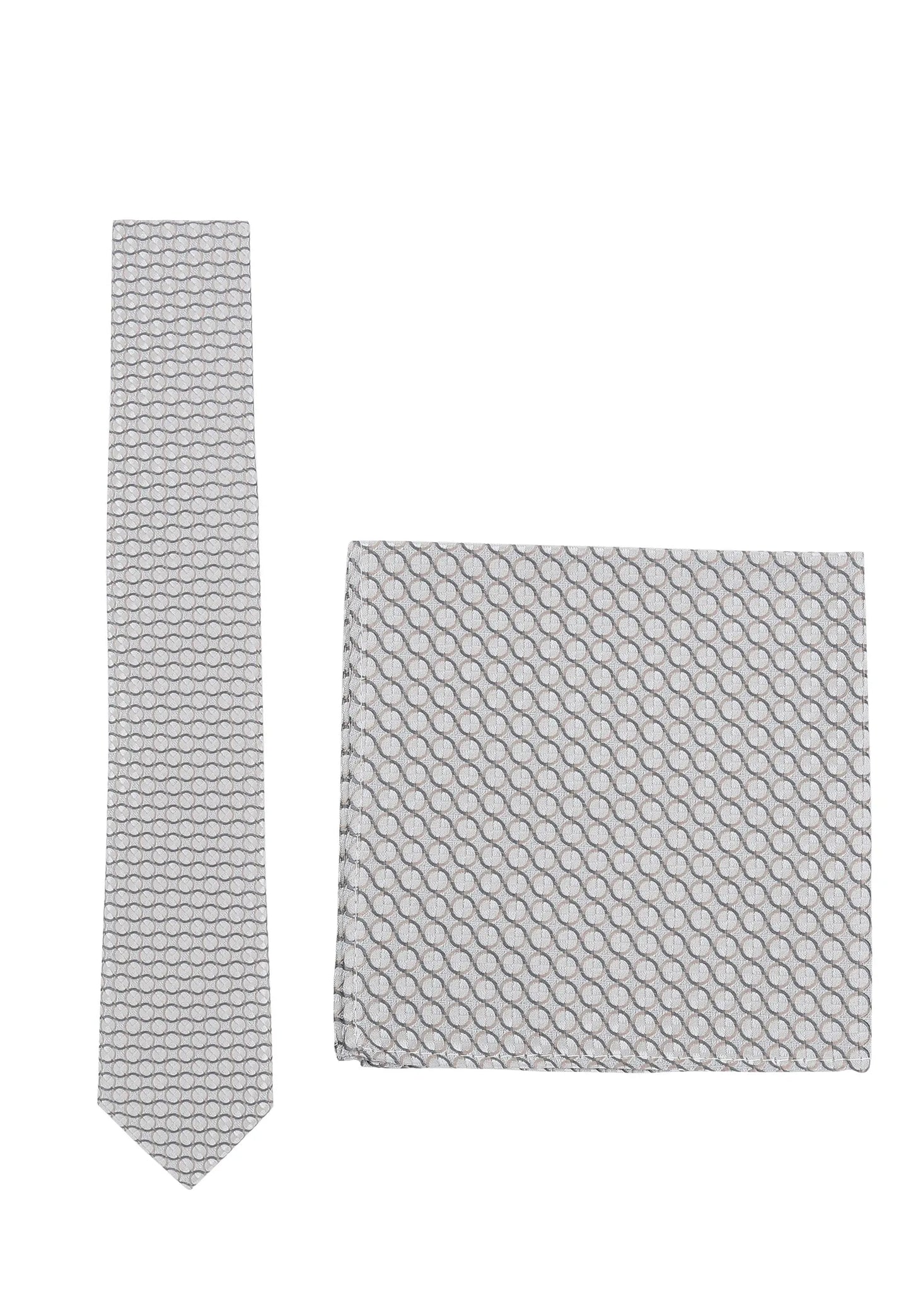 (Silber) Krawatte und Einstecktuch Set Hochzeit Kreise – Krawatte und Tuch ausgelegt